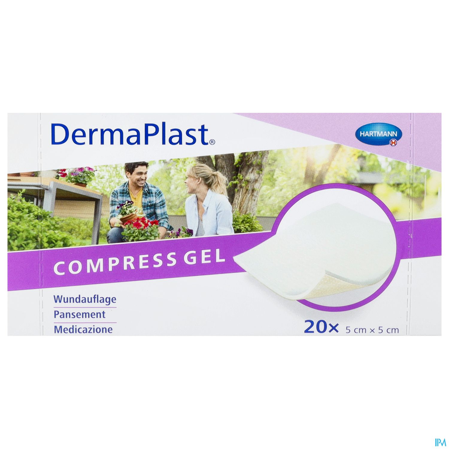 Verpackung von DermaPlast Compress Gel, Wundauflagen, 20 Stück, 5 cm x 5 cm.