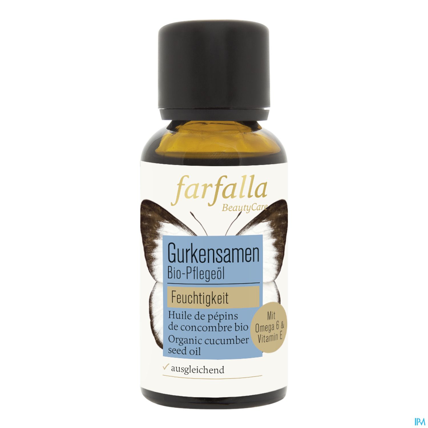 Flasche mit Gurkensamen Bio-Pflegeöl von farfalla, steht für Feuchtigkeitspflege und enthält Omega 6 und Vitamin E.