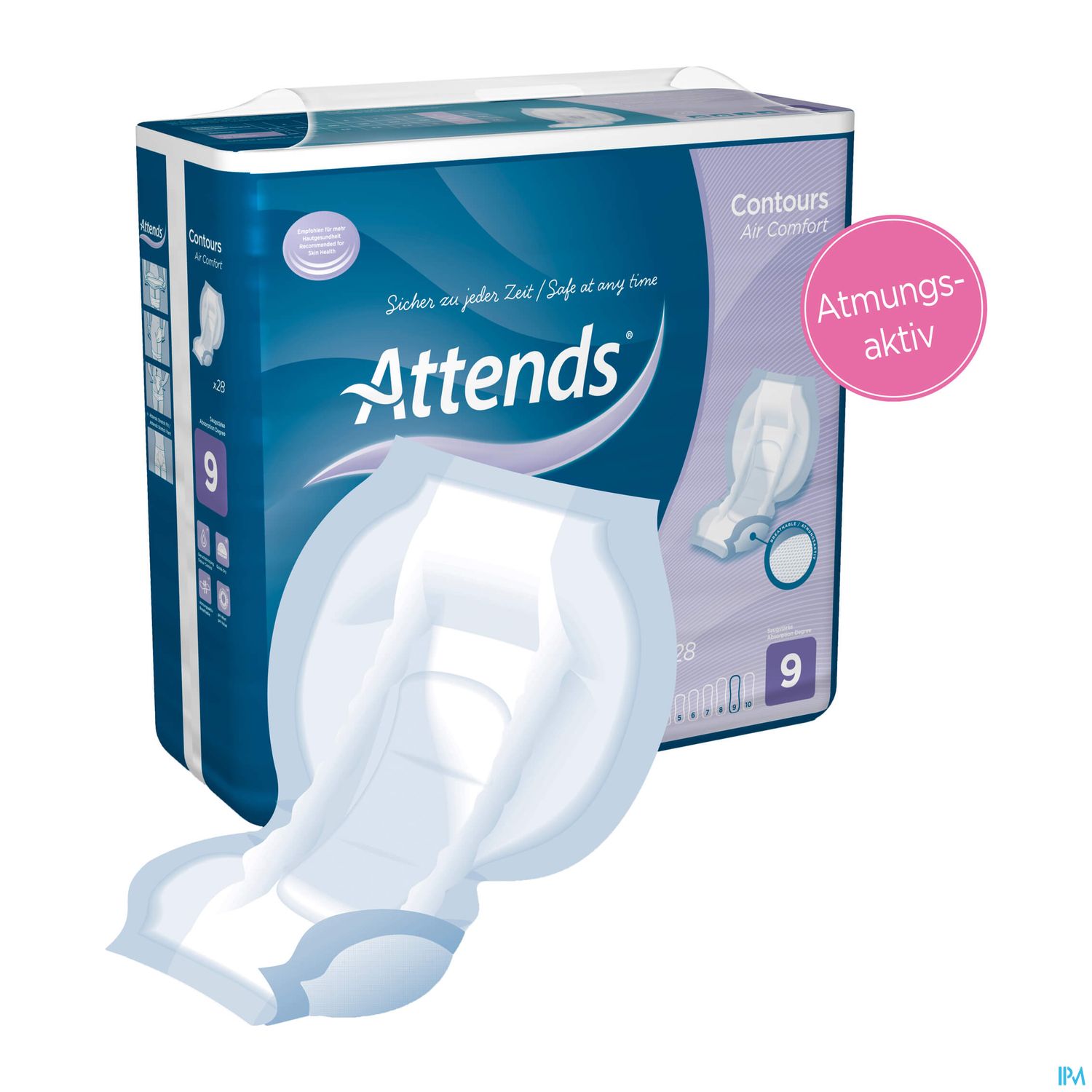 Verpackung von Attends Contours Air Comfort mit einem abgebildeten Produkt aus der Packung.