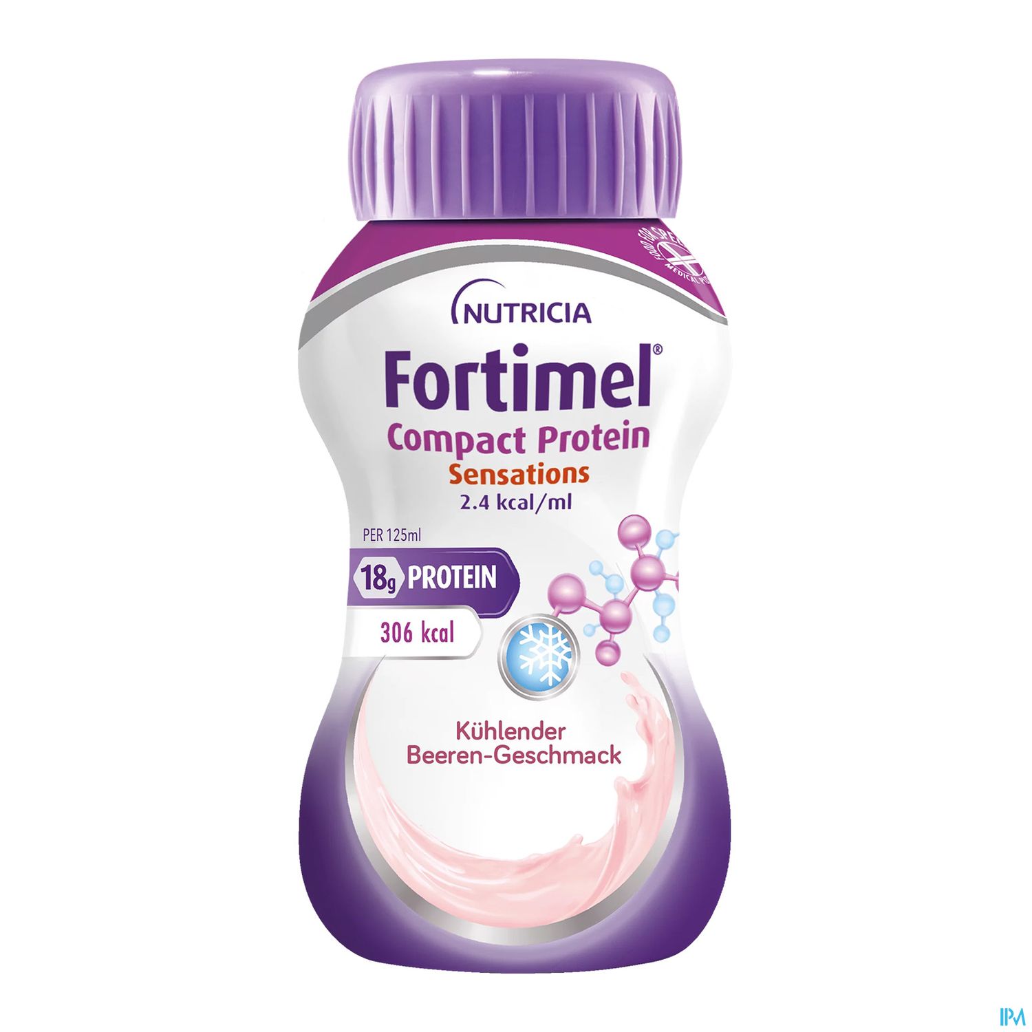 Flasche Fortimel Compact Protein von Nutricia, 125 ml, mit 18 g Protein und Beeren-Geschmack.