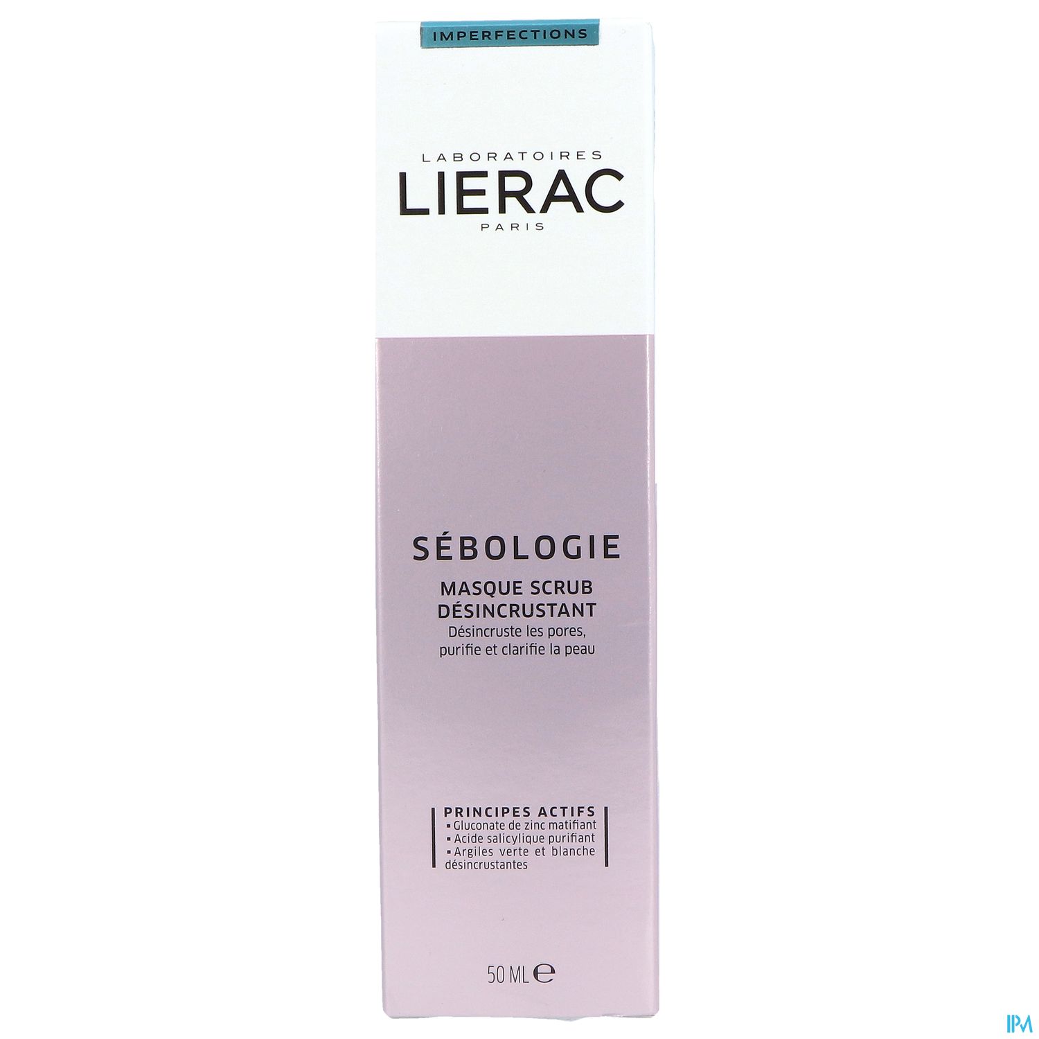 Verpackung eines Gesichtspeelings von Lierac, mit der Aufschrift "SÉBOLOGIE MASQUE SCRUB DÉSINCROUSTANT", Inhalt 50 ml.
