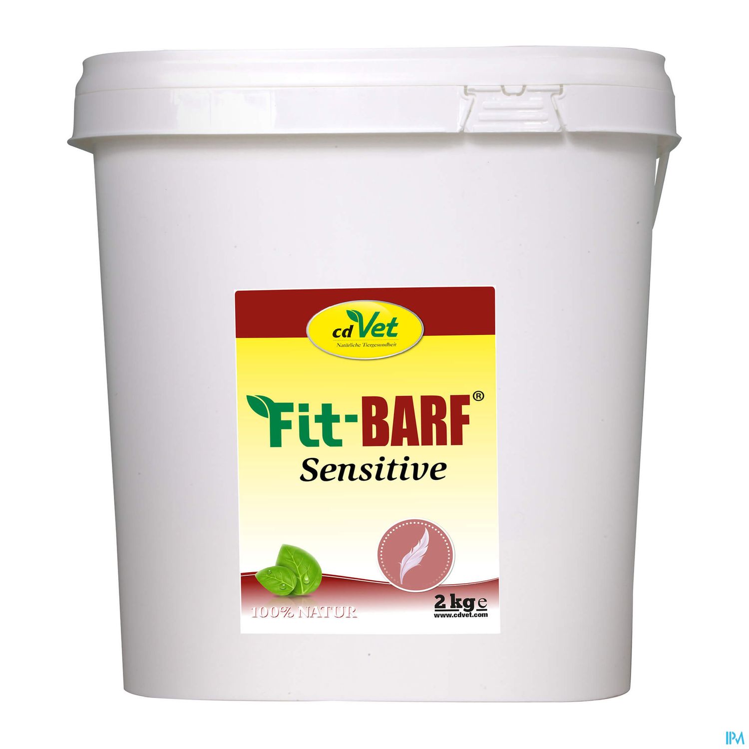 Weißer Eimer mit rotem und gelbem Etikett, beschriftet mit "cdVet Fit+BARF Sensitive" und "2 kg".