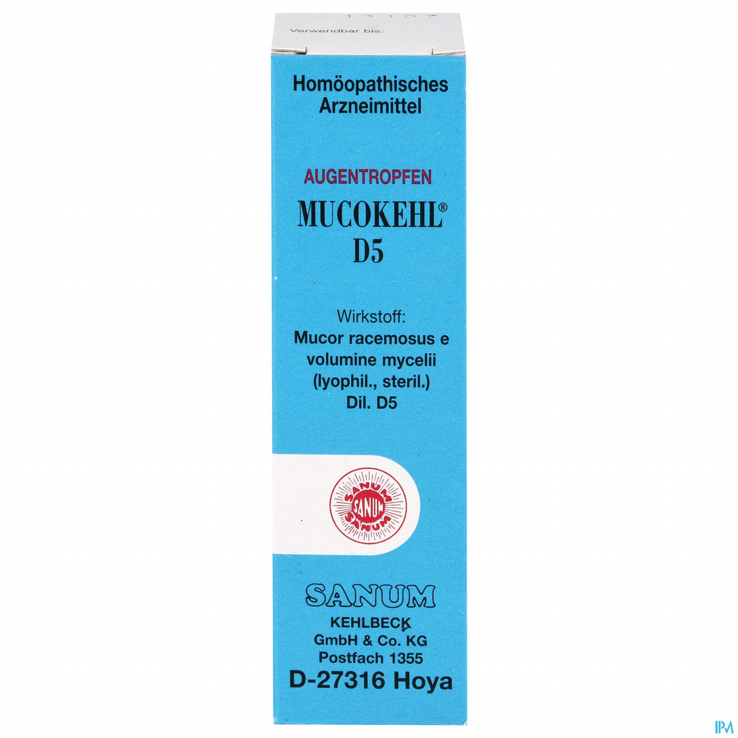 Packung mit dem homöopathischen Arzneimittel Mucokehl D5 in Augentropfenform, Marke Sanum.