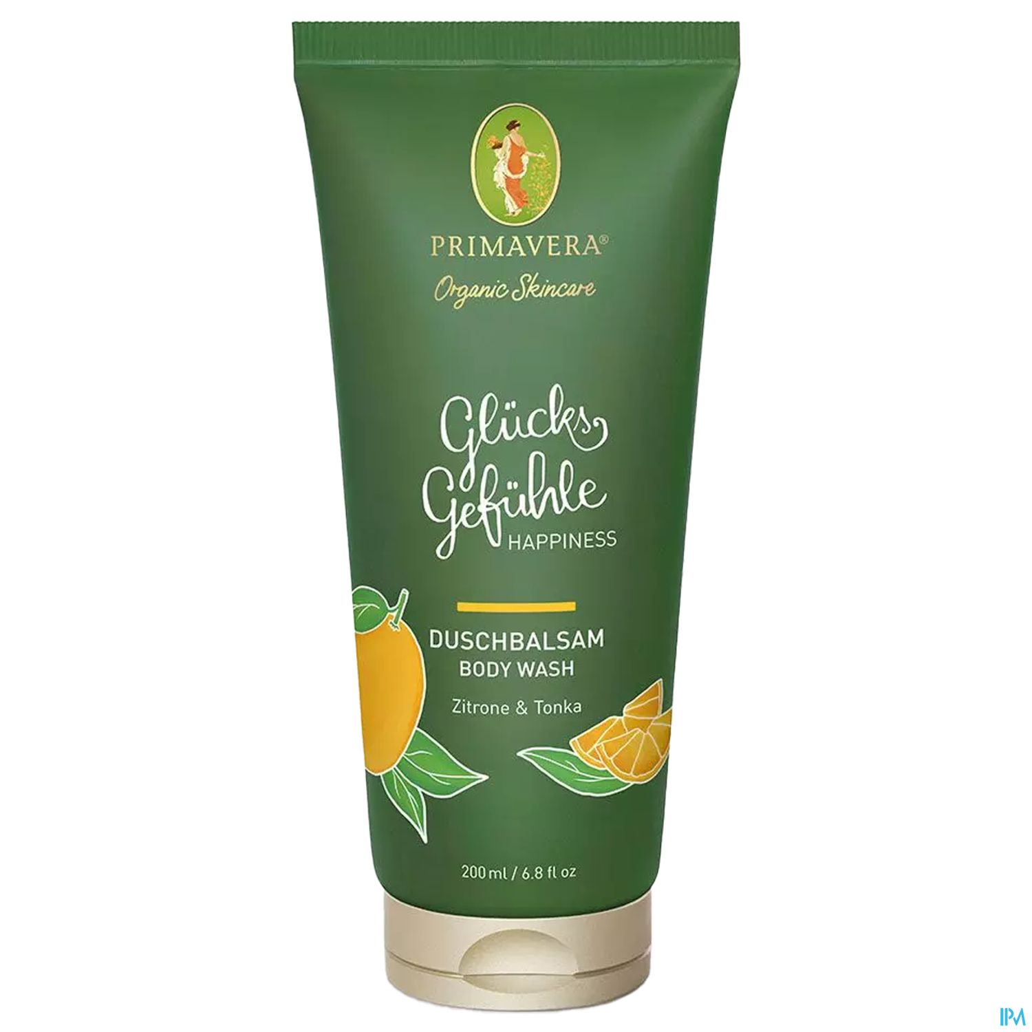 Grüne Tube mit dem Schriftzug "Glücksgefühle" und der Bezeichnung "Duschbalsam Body Wash" in deutscher und englischer Sprache, dekoriert mit Abbildungen von Zitrone und Tonkabohne.