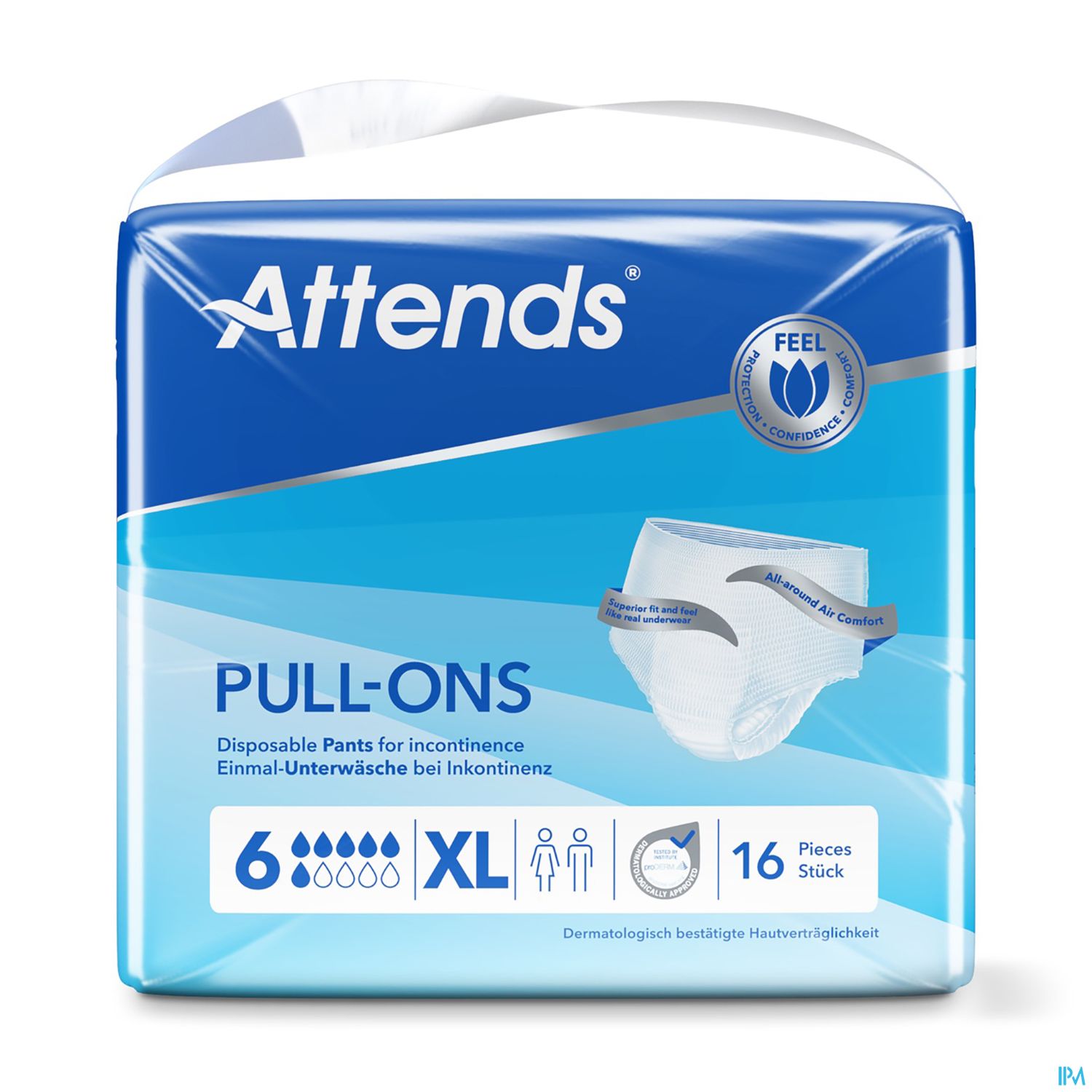 Packung mit Attends Pull-Ons Einmal-Unterwäsche für Inkontinenz, Größe XL, 16 Stück.