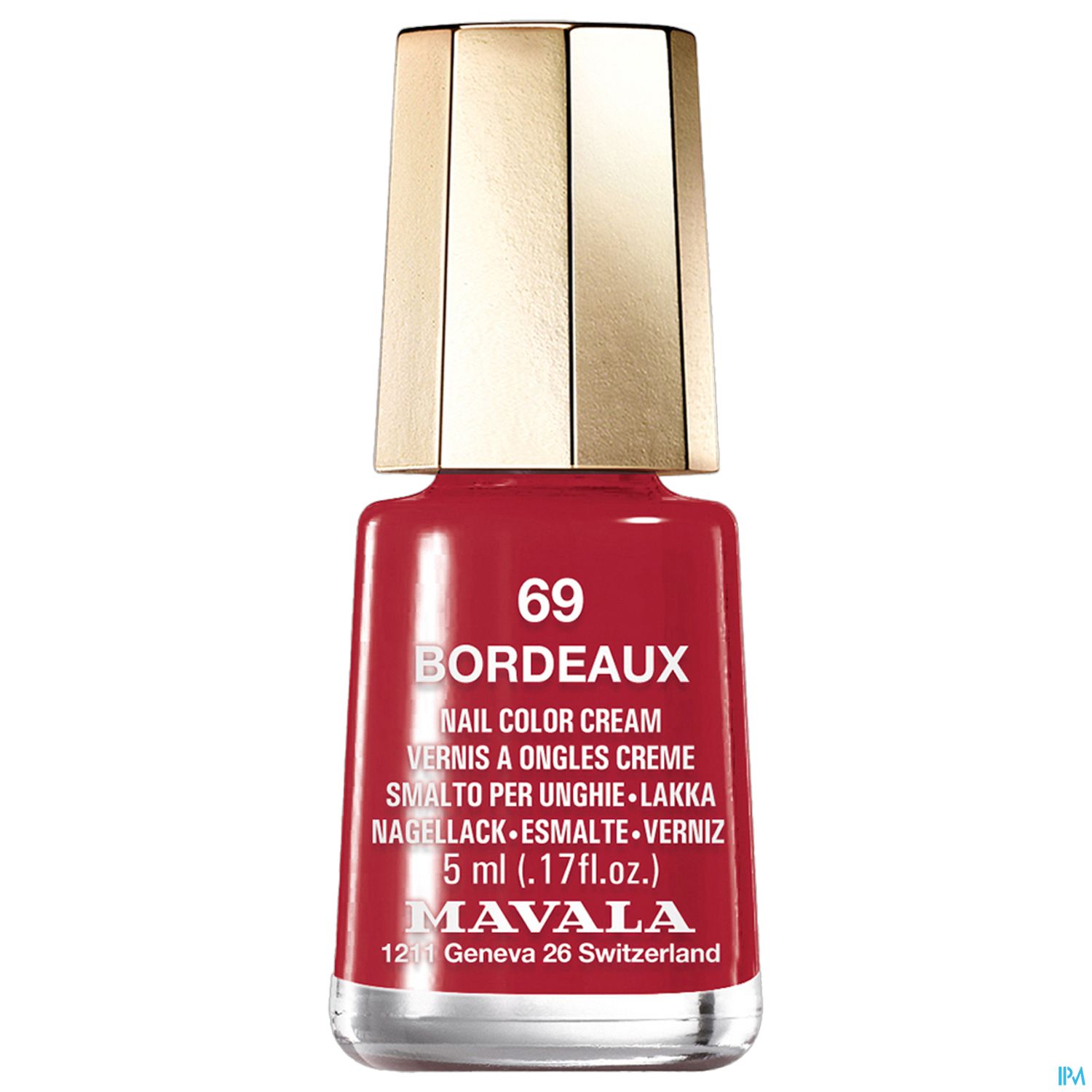 Ein Nagellack mit der Bezeichnung "69 Bordeaux" in einem roten Farbton, verpackt in einer Glasflasche mit goldfarbenem Deckel.