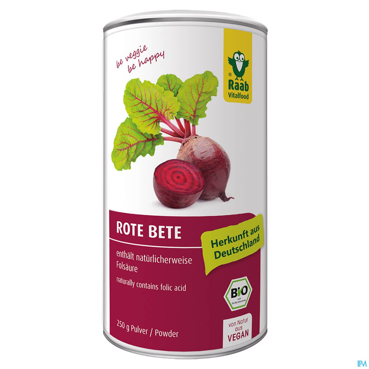 Dose mit Rote Bete Pulver, Bio-Label und Angaben zu Folsäure sowie Herkunft aus Deutschland.