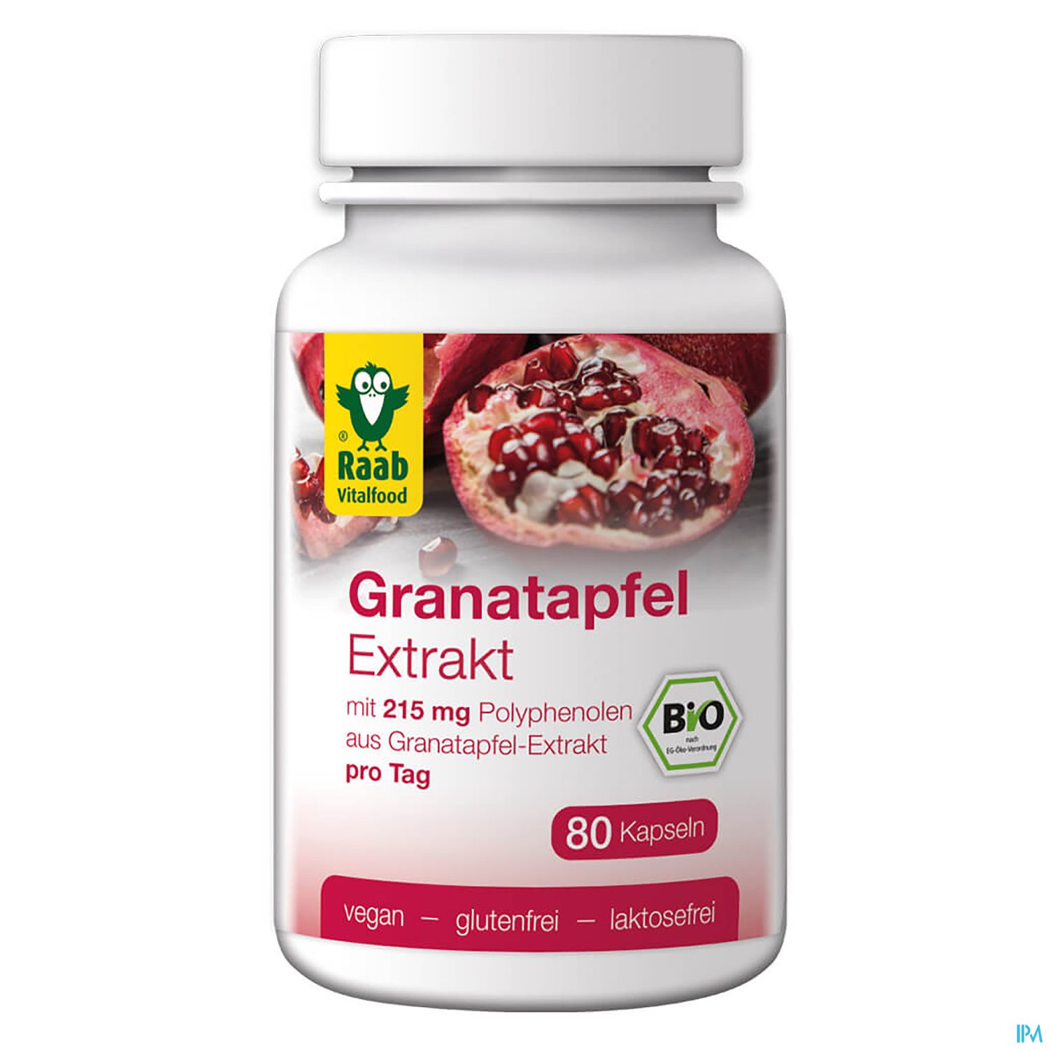 Braunglasflasche mit Granatapfel-Extrakt, 80 Kapseln, 215 mg Polyphenolen pro Tag, vegan, glutenfrei, laktosefrei.