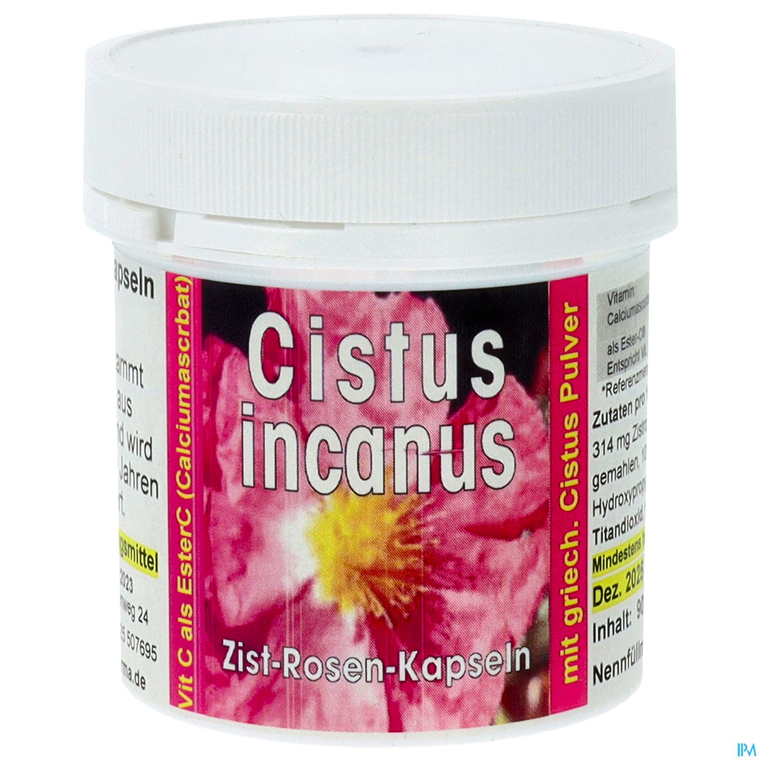 Weißer Behälter mit Cistus incanus Zist-Rosen-Kapseln, Verpackung zeigt eine Blüte und Zutatenliste.