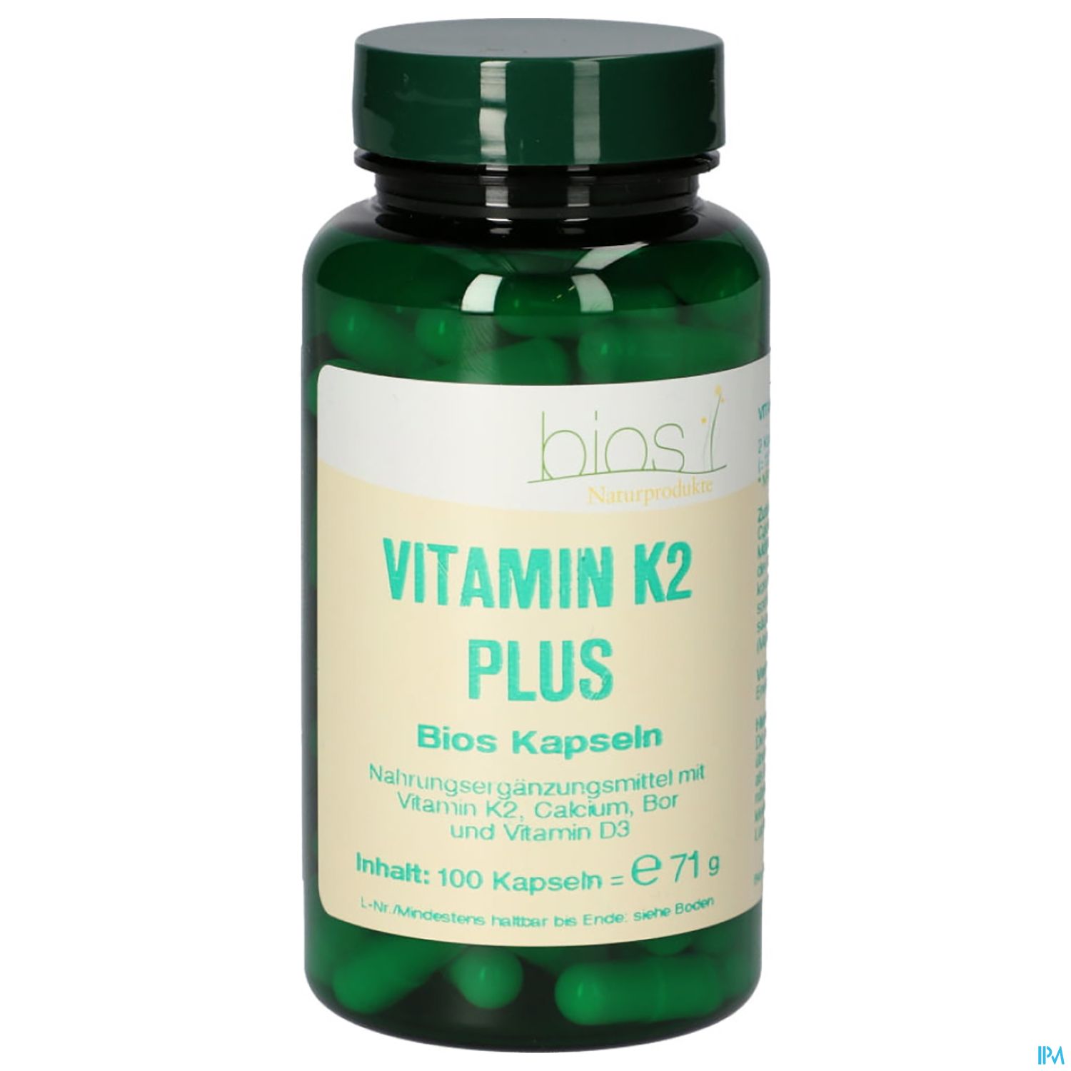 Grüne Kapsel-Flasche mit der Aufschrift "Vitamin K2 Plus", enthält 100 Kapseln mit Vitamin K2, Calcium, Bor und Vitamin D3.