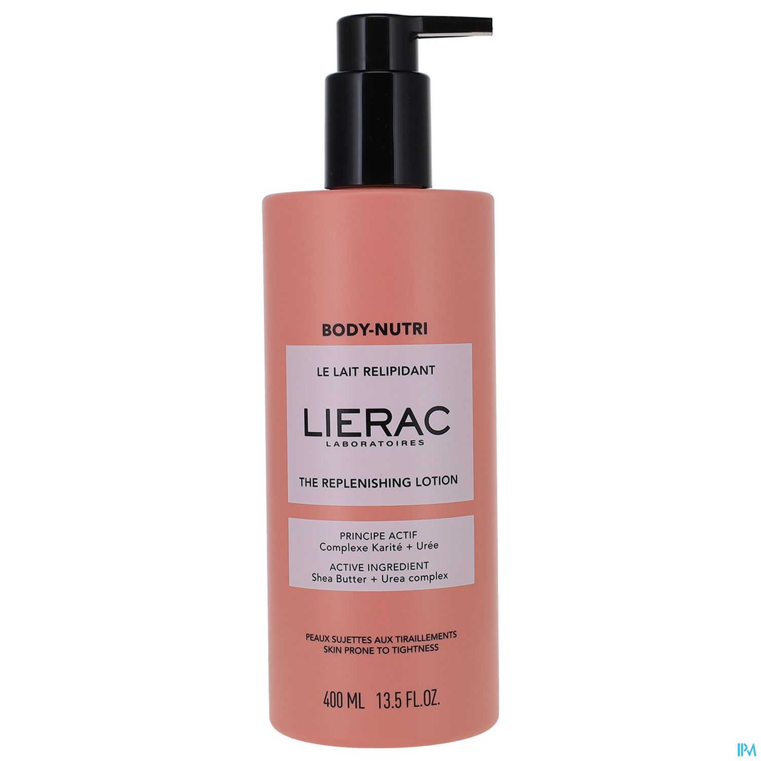 Rosa Flasche mit schwarzem Pumpkopf und dem Aufdruck "Lierac Laboratories Body-Nutri The Replenishing Lotion", 400 ml.