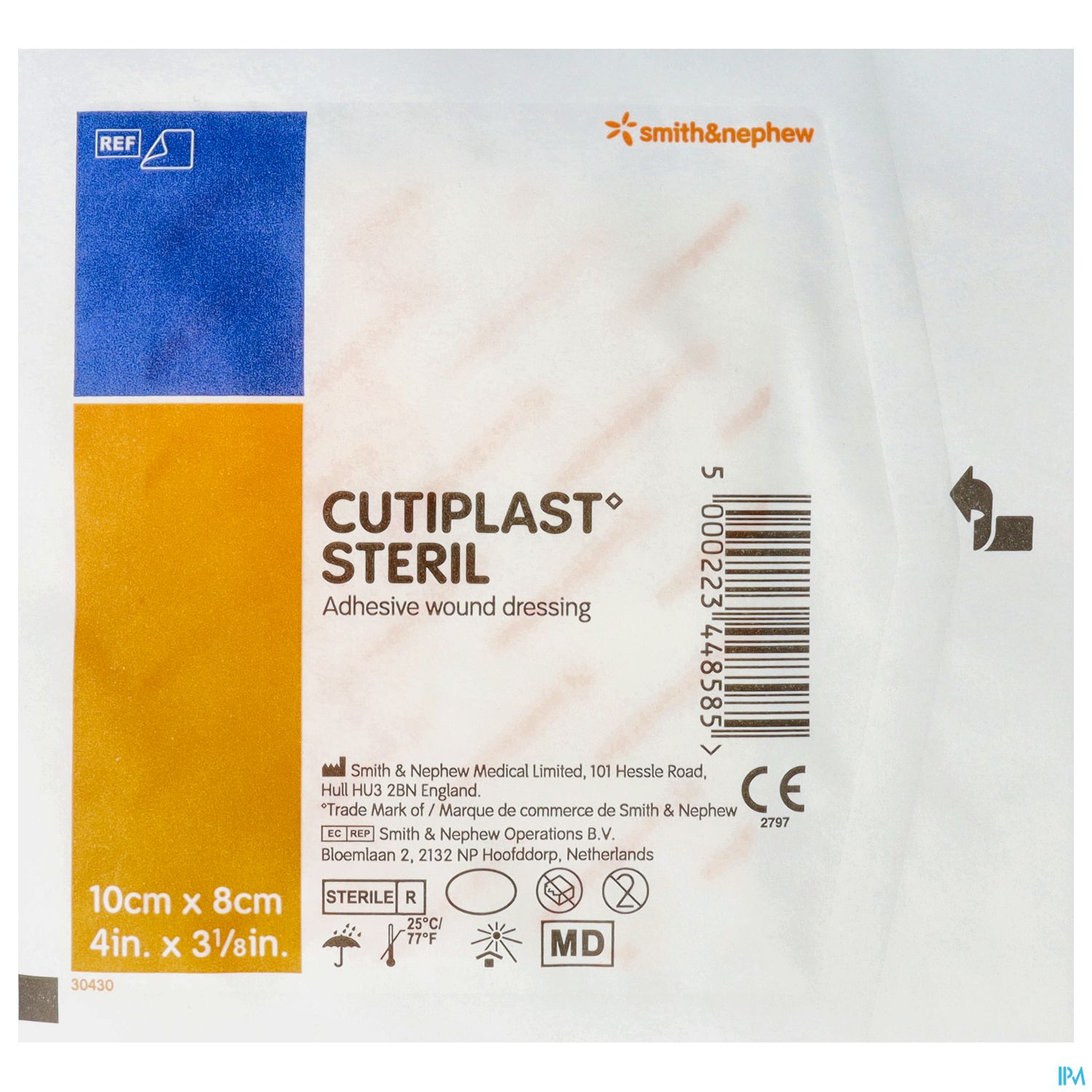 Packung eines sterilen, selbstklebenden Wundverbands namens Cutiplast, Größe 10 cm x 8 cm.