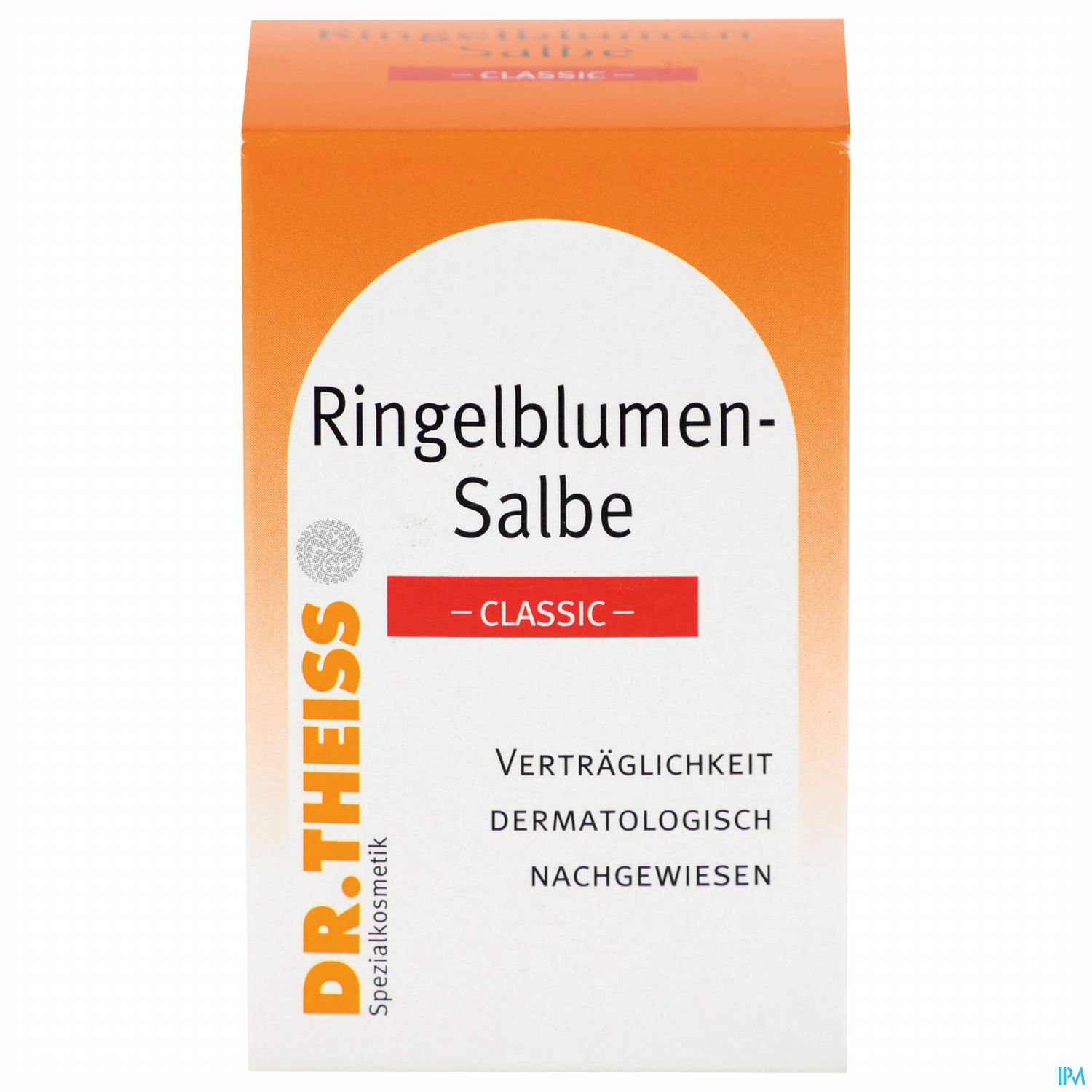 Packung der Ringelblumen-Salbe "Classic" von Dr. Theiss mit dem Hinweis zur dermatologischen Verträglichkeit.