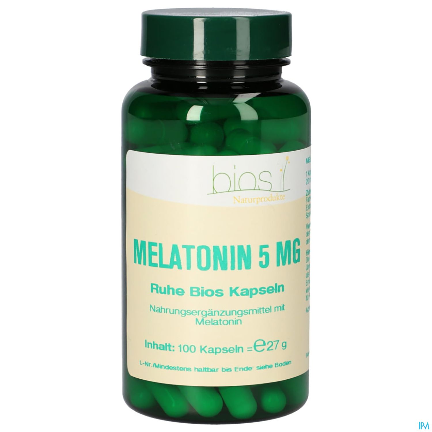 Grüne Kapsel-Flasche mit der Aufschrift "Melatonin 5 mg", Nahrungsergänzungsmittel, enthält 100 Kapseln.