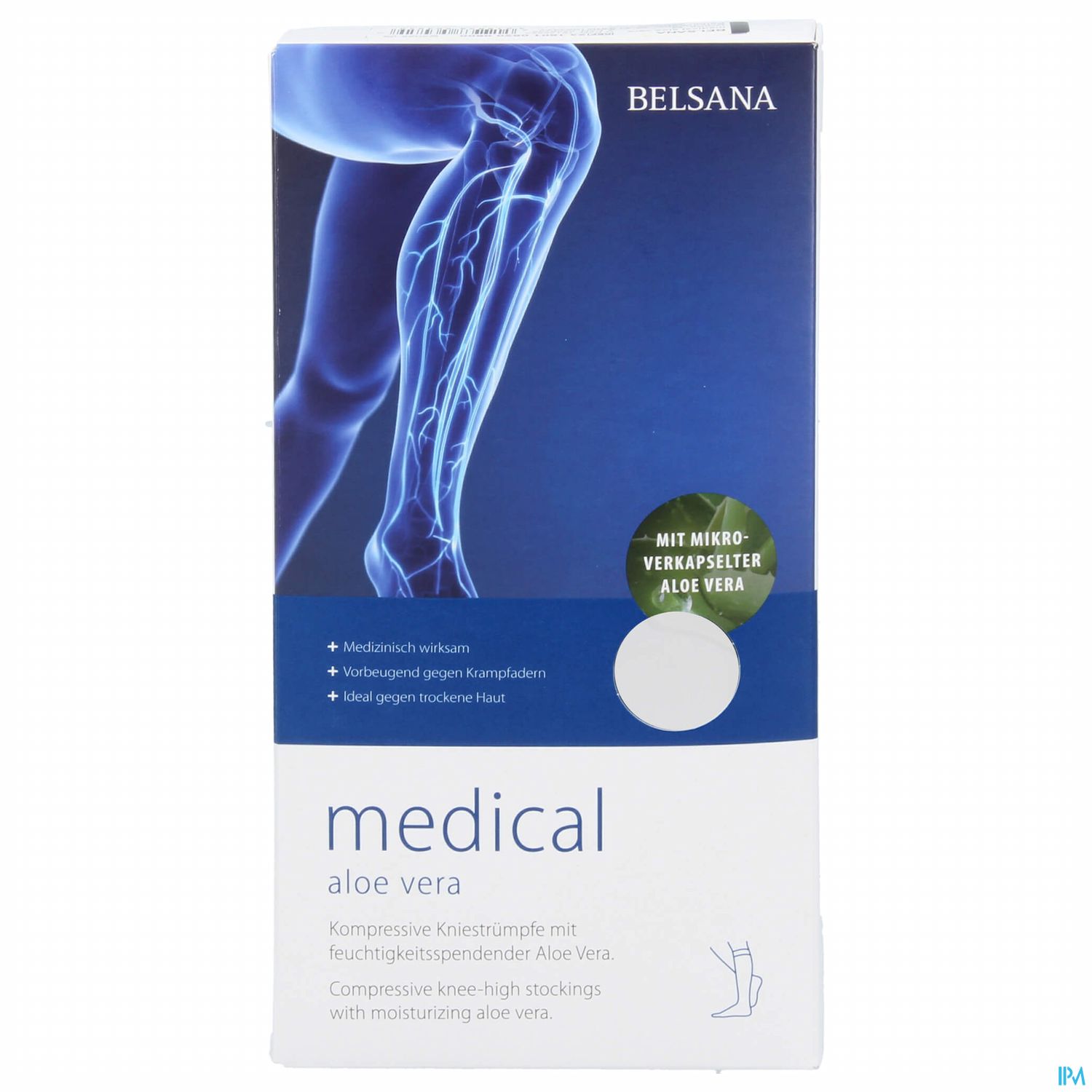 Verpackung für Belsana medical Aloe Vera, kompressive Kniestrümpfe mit feuchtigkeitsbindender Aloe Vera.
