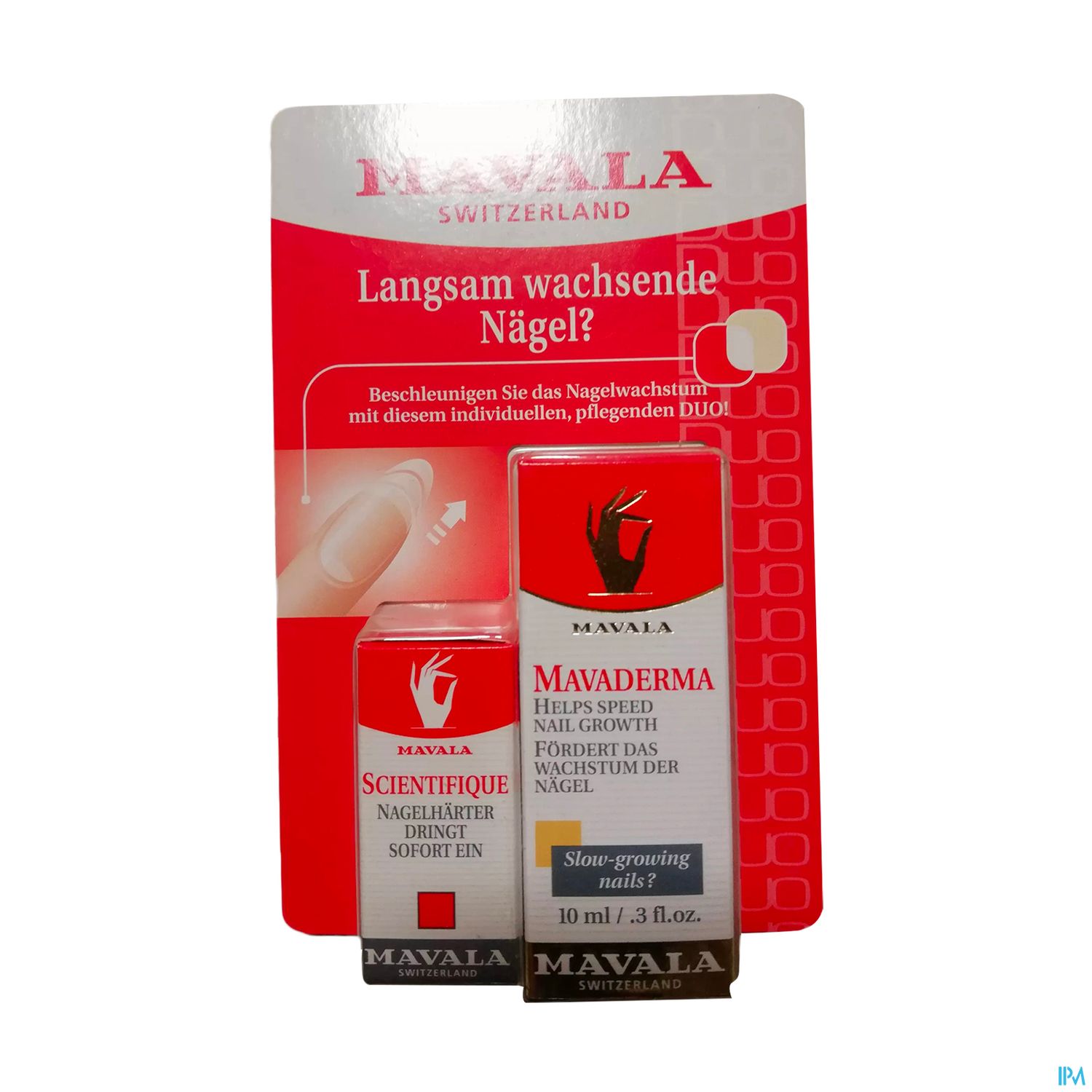 Produktverpackung von Mavala mit zwei Fläschchen, die Nagelverstärkung und schnelles Nagelwachstum fördern.