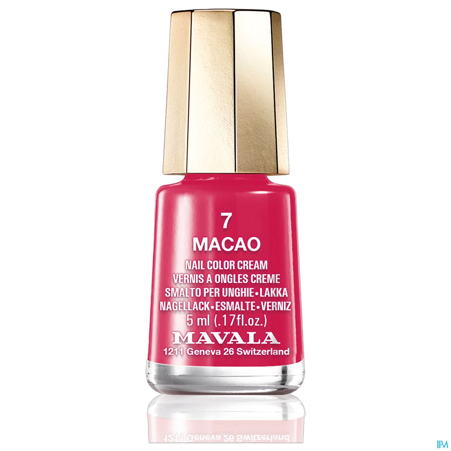 Nagellackflasche in leuchtendem Pink mit goldenem Deckel, beschriftet mit „Macao“ und „7“.