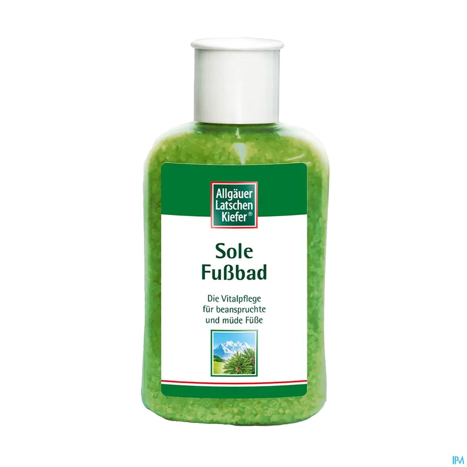 Flasche mit Sole Fußbad von Allgäuer Latschen Kiefer, grüne Flüssigkeit, Beschreibung: "Die Vitalpflege für beanspruchte und müde Füße".