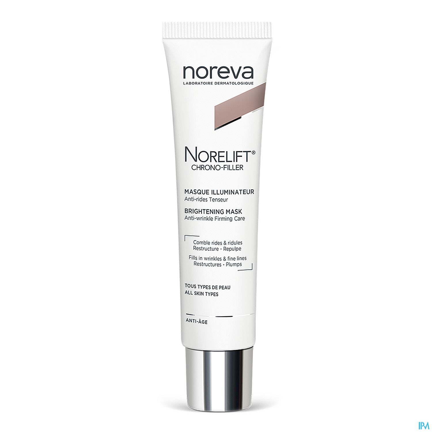 Weiße Tube mit schwarzem und braunem Schriftzug, die das Produkt "Norelift Chrono-Filler" bewirbt, eine Anti-Aging Maske für alle Hauttypen.