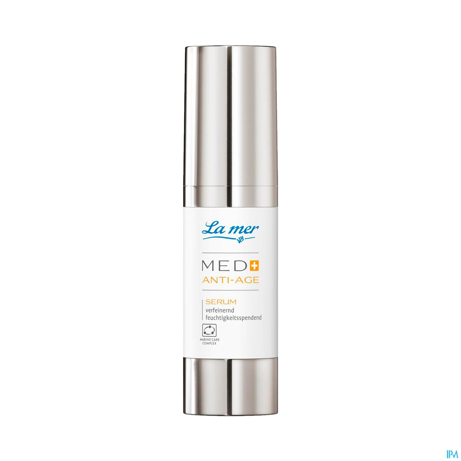 Flasche mit Anti-Aging-Serum von La Mer, Weiß und Silber, beschriftet mit "MED+ ANTI-AGE".