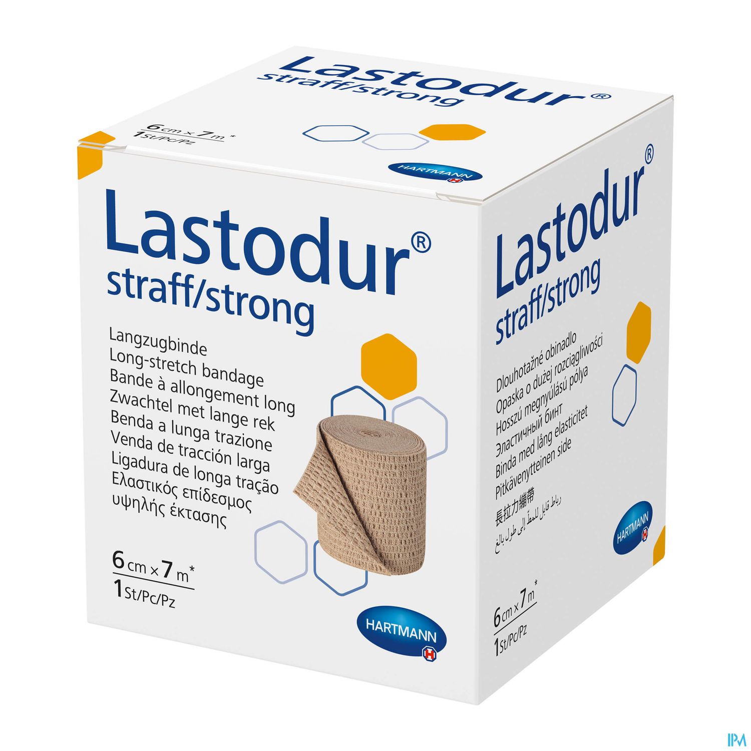 Verpackung der Lastodur langzugbinde (6 cm x 7 m), die den Produktnamen und Anwendungshinweise enthält.