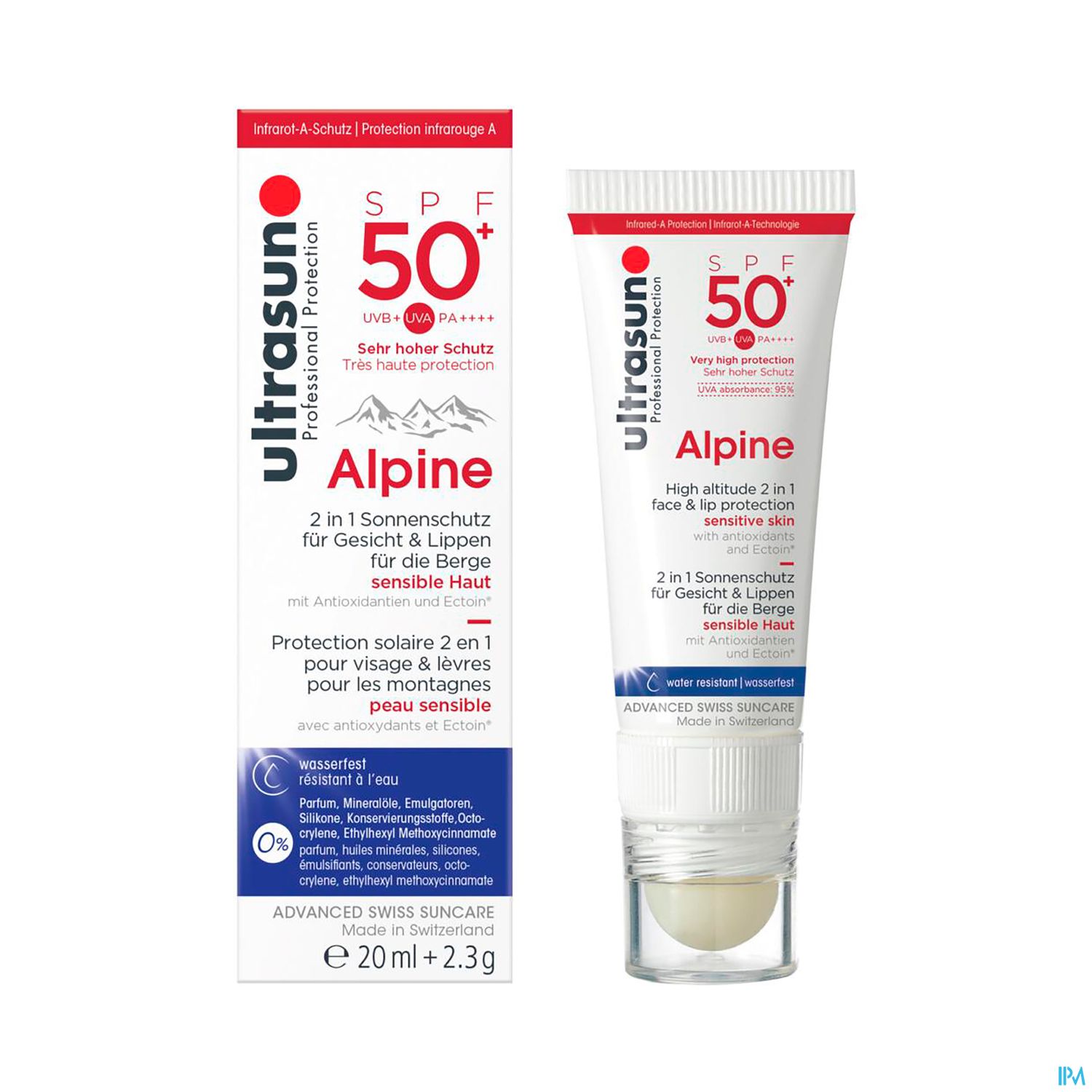 Packung mit Ultrasun Alpine Sonnencreme SPF 50+ für Gesicht und Lippen, 20 ml, für empfindliche Haut.