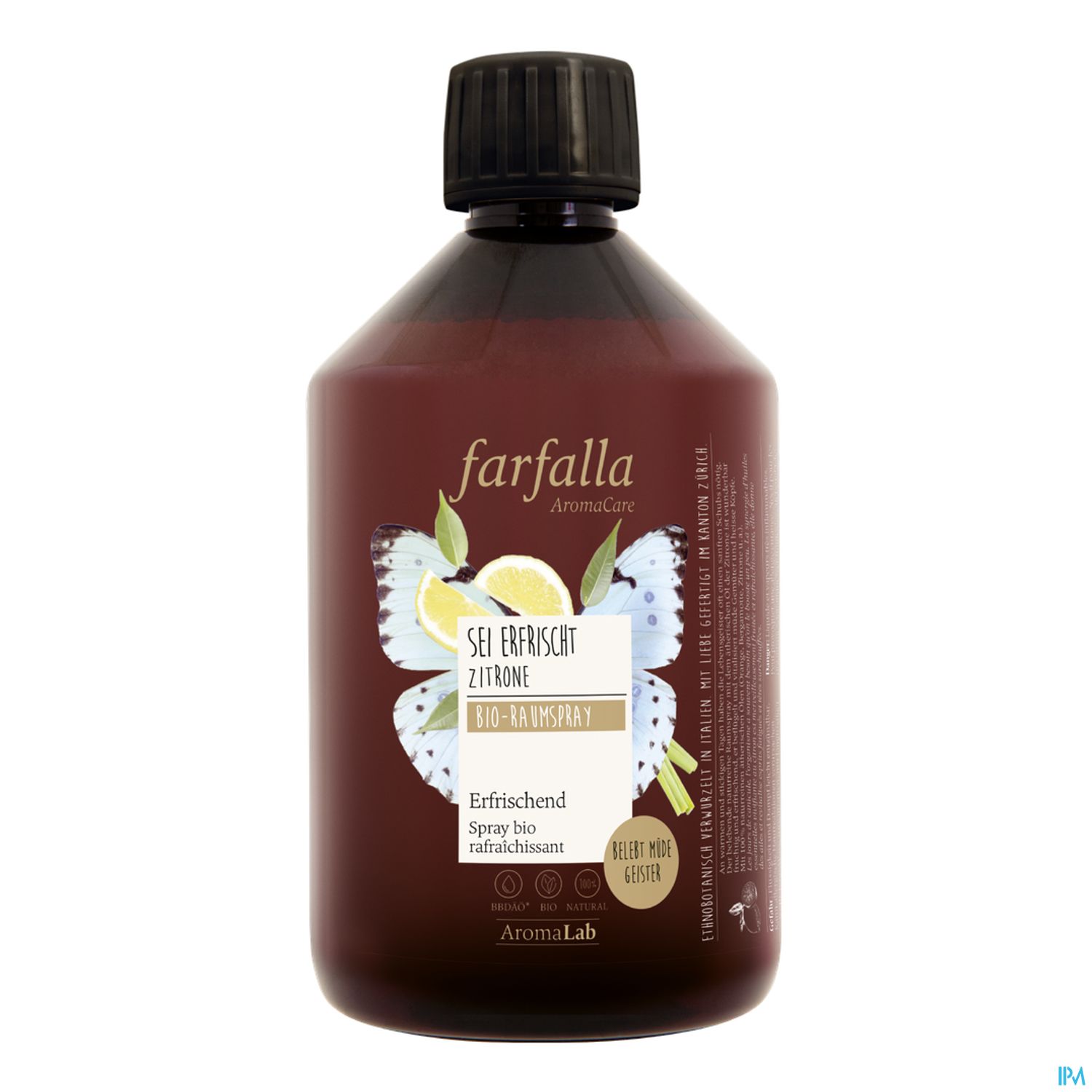 Braune Flasche mit Zitrone-Design, Etikett für Bio-Raumspray von Farfalla, erfrischend und reinigend.