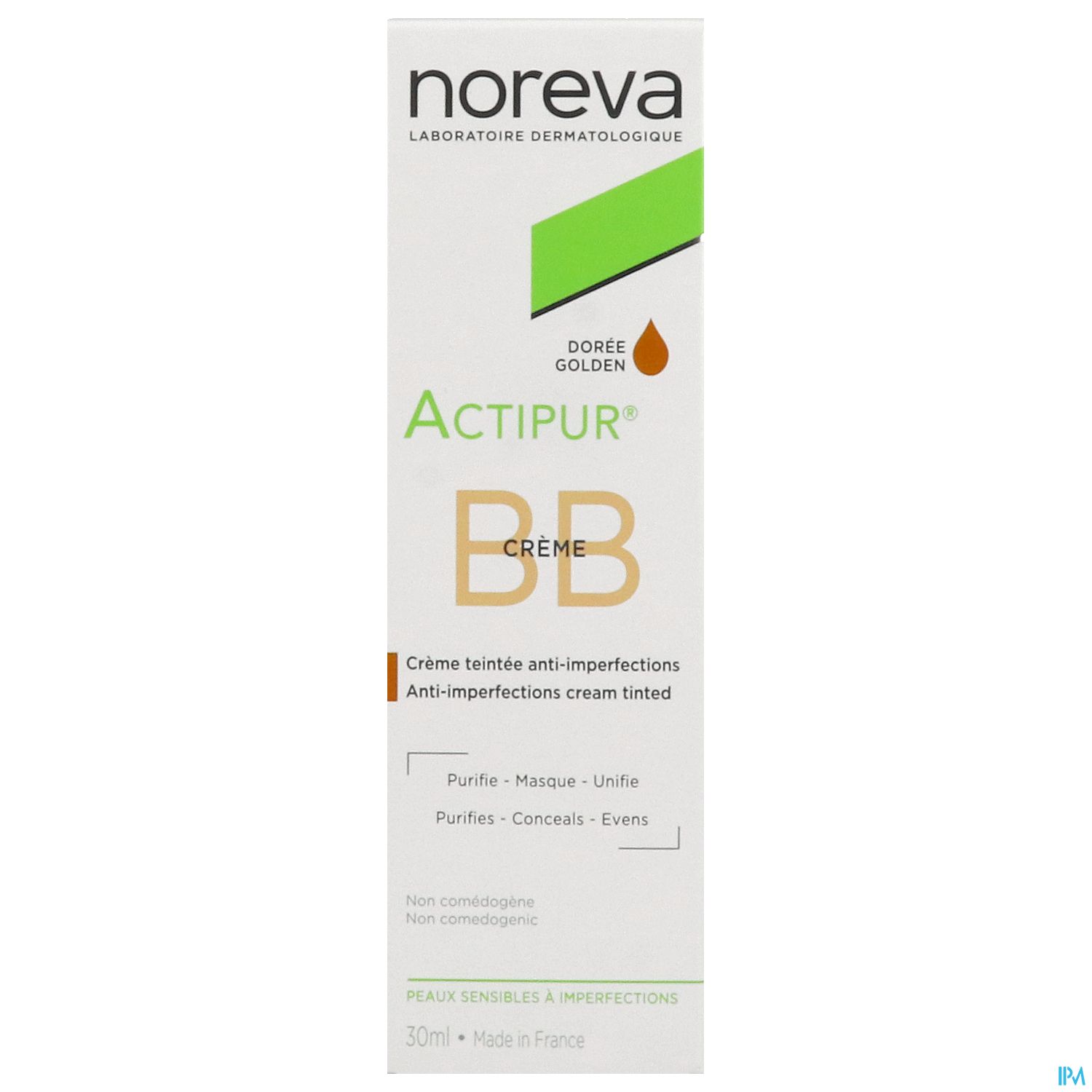 Produktverpackung der Noreva Actipur BB Creme, 30 ml, mit der Aufschrift "Anti-Imperfections cream tinted" und Hinweisen zur Anwendung.