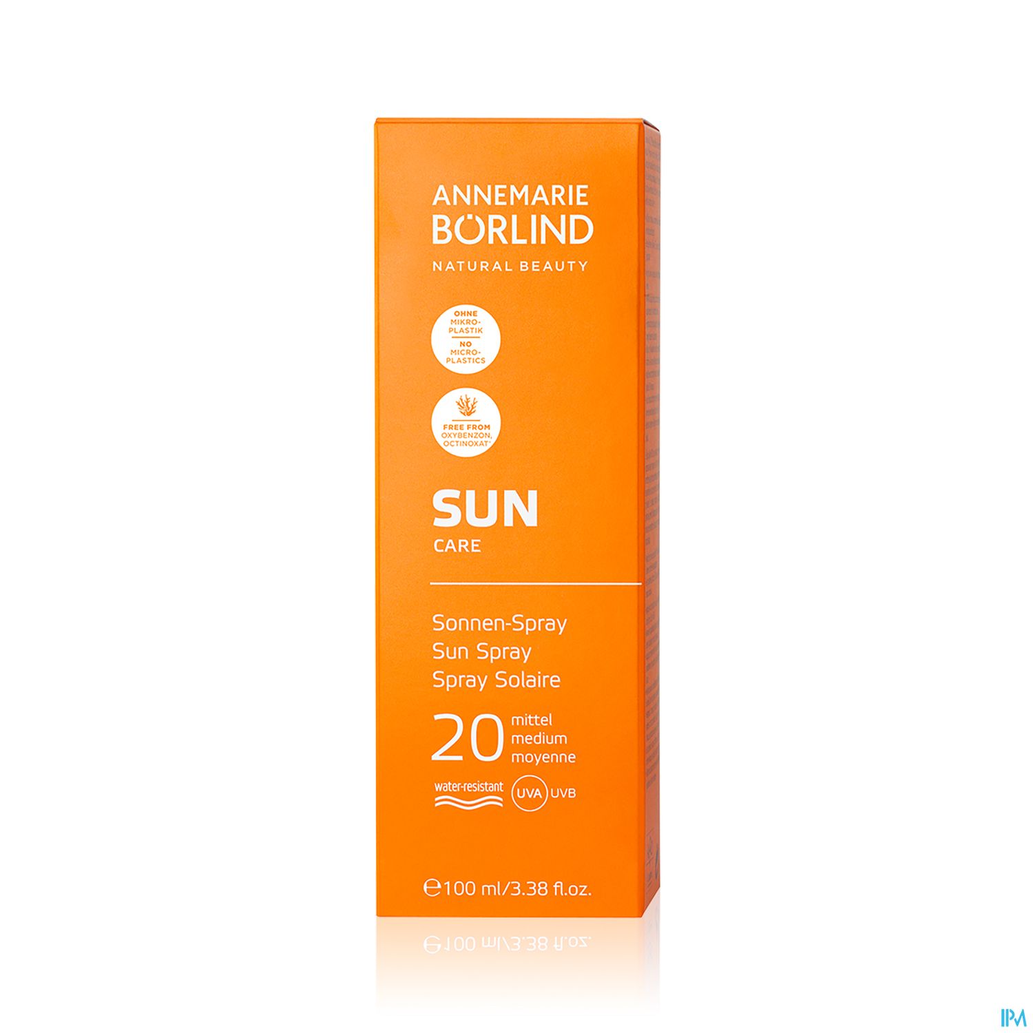 Orangene Verpackung eines Sonnen-Sprays von Annemarie Börlind mit der Aufschrift "SUN CARE" und dem Lichtschutzfaktor 20.
