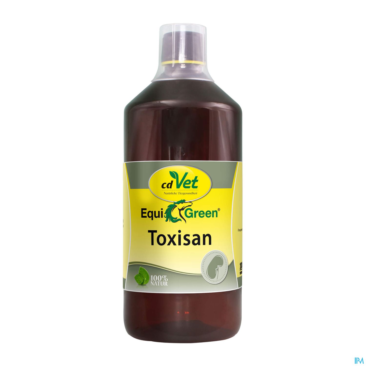 Braune Flasche mit gelbem Etikett, beschriftet mit "cdVet EquiGreen Toxisan" und dem Hinweis "100% Natur".