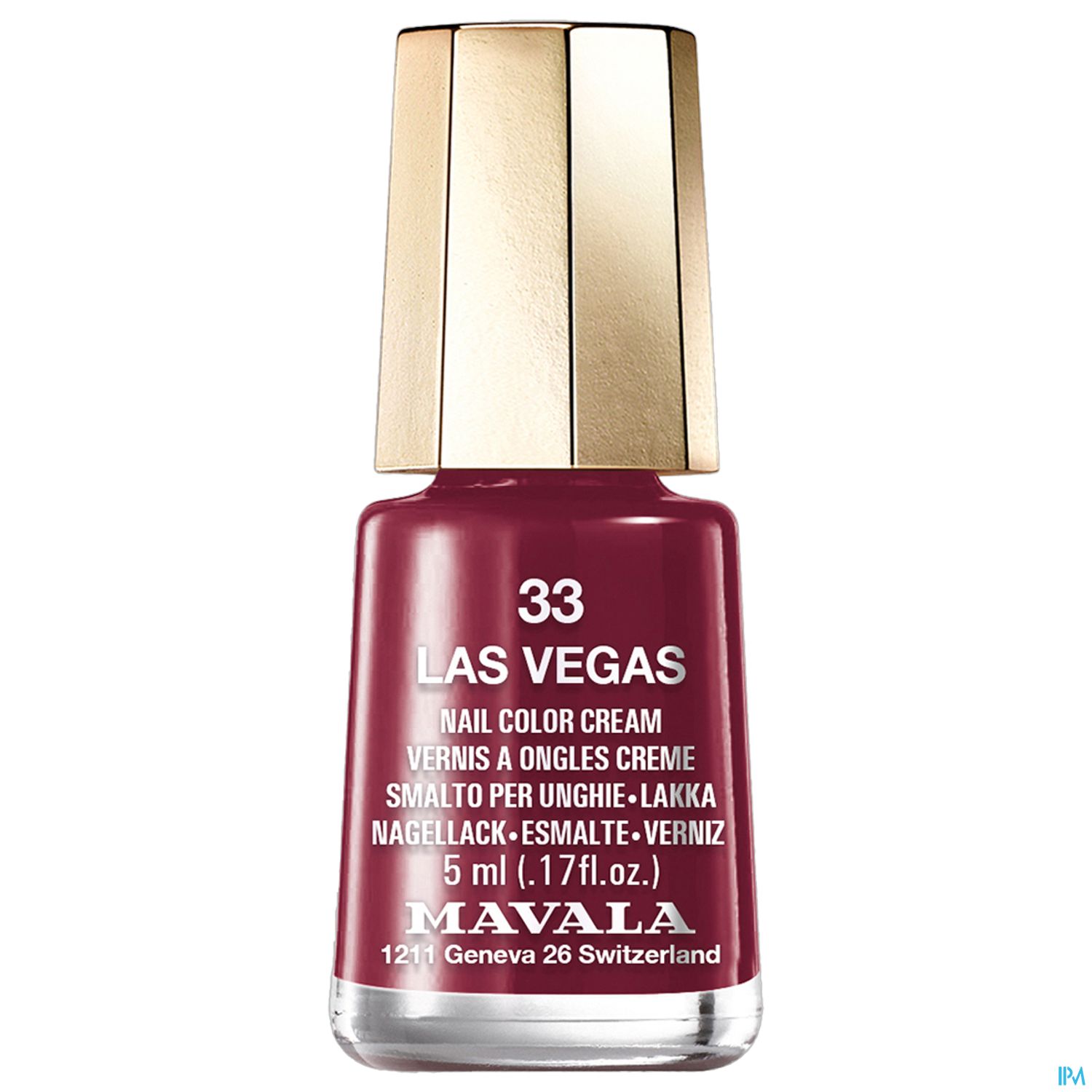 Nagellackflasche in dunkler roter Farbe mit goldener Kappe, bezeichnet mit der Aufschrift "LAS VEGAS 33" und "MAVALA".