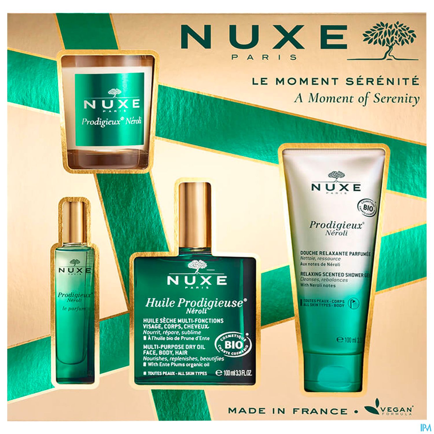 Produktverpackungen von NUXE Paris, einschließlich "Prodigieux Nérol", "Huile Prodigieuse" und "Prodigieux® Néroli", umgeben von einem grünen und goldenen Design mit der Aufschrift "Le Moment Sérénité".