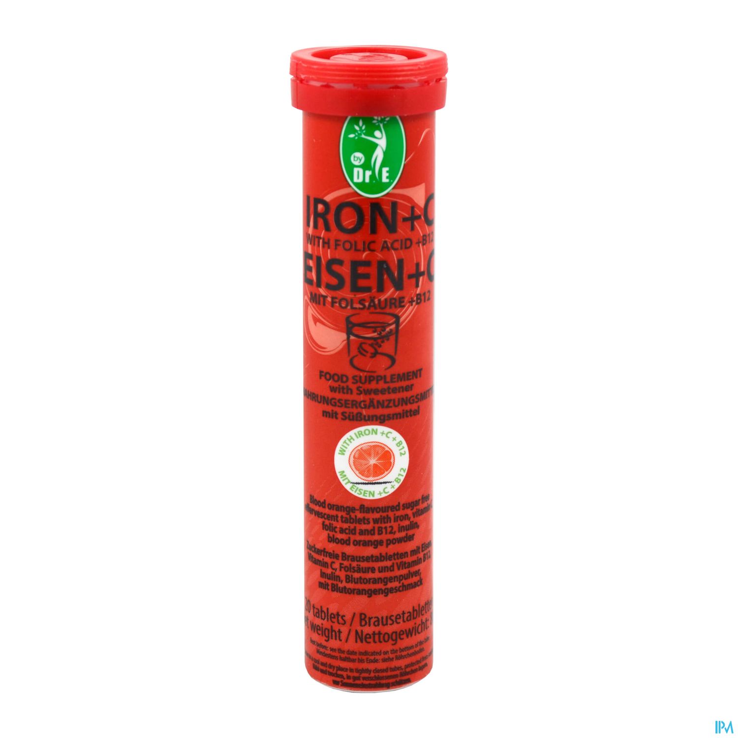 Röhrenförmige Verpackung für Eisen- und Folsäure-Tabletten in rot mit Beschriftung "IRON+C" und "EISEN+".