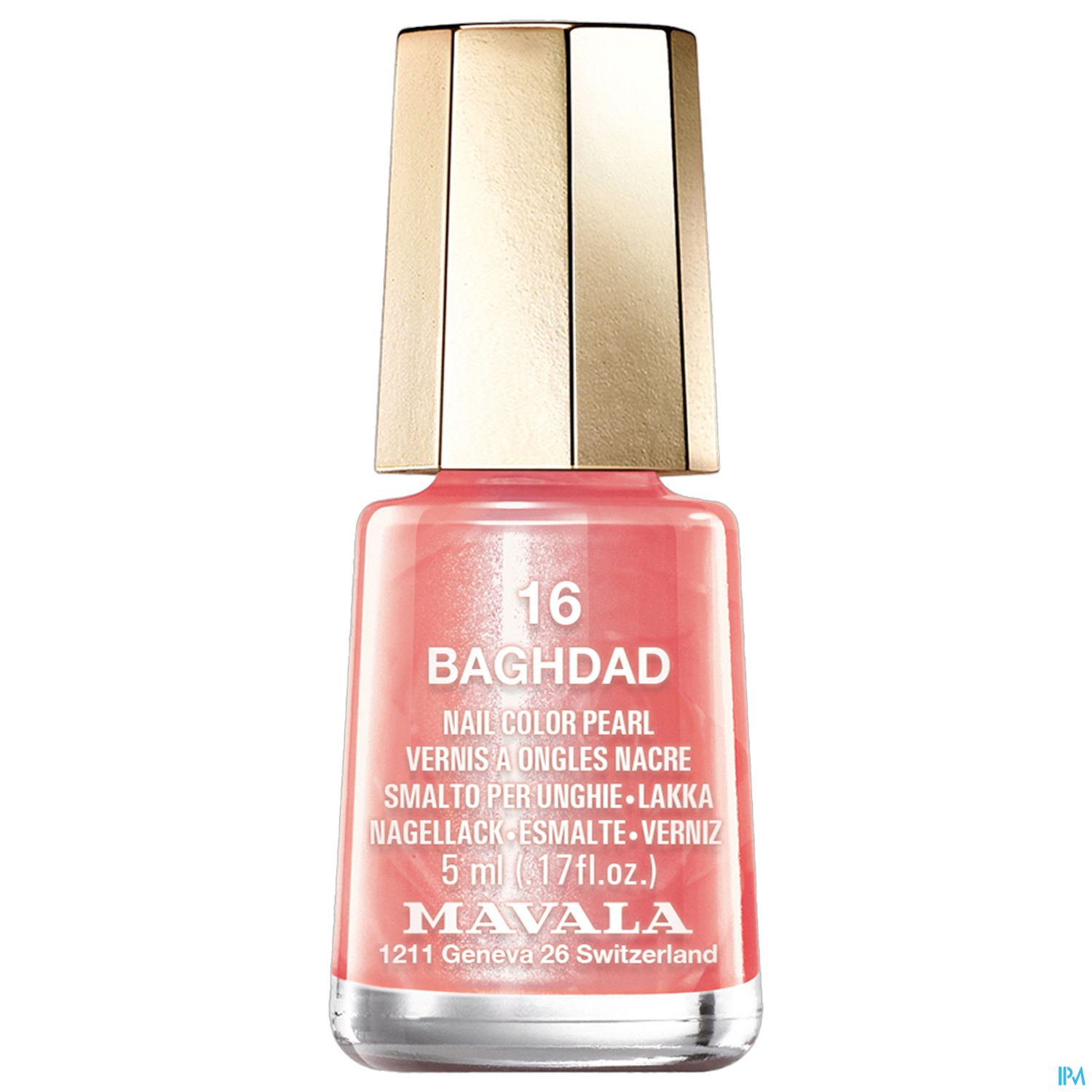 Nagellack-Flasche in Rosé mit goldenem Deckel, beschriftet mit "16 BAGHDAD" und "MAVA LA".