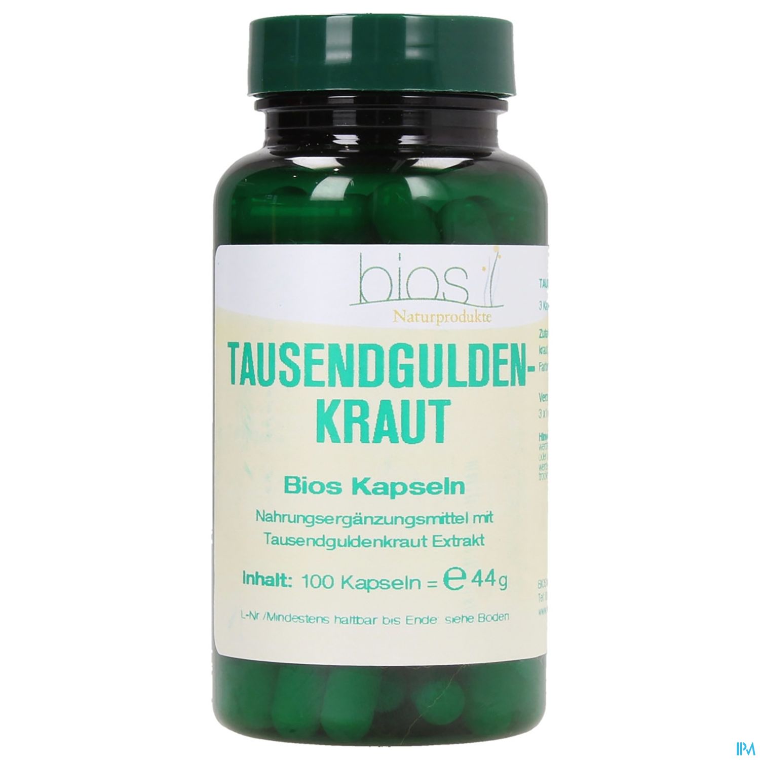 Schwarze Flasche mit grünen Kapseln, beschriftet mit "Tausendguldenkraut" und Informationen zu Inhalt und Hersteller.