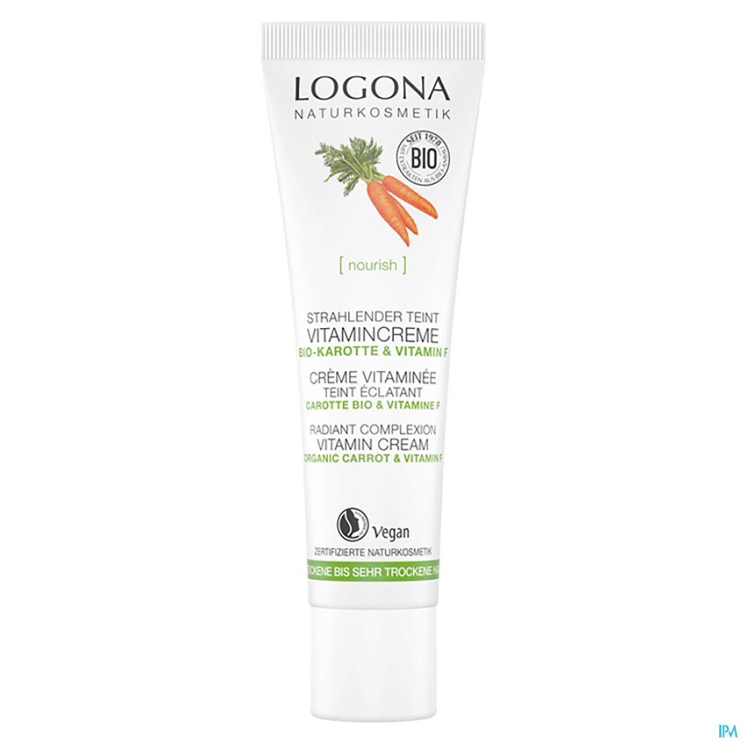 Tube mit Vitamincreme von Logona, mit der Aufschrift "Strahlender Teint", enthält Bio-Karotte und Vitamin F, vegan.