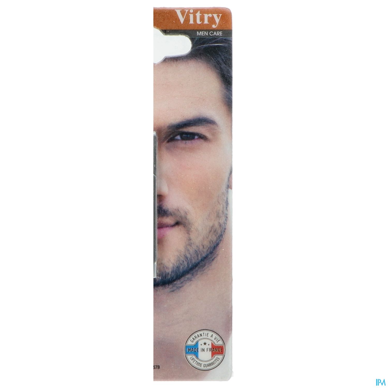Ein Teil des Gesichts eines Mannes mit Bart, auf einer Produktverpackung für Männerpflege von Vitry.