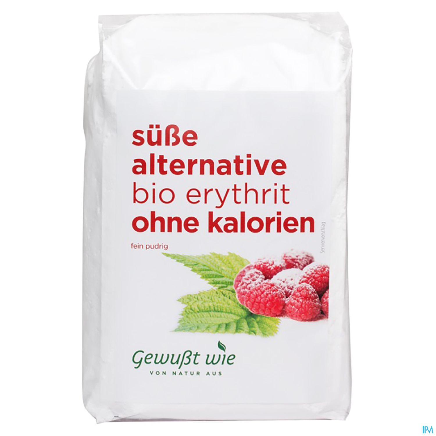 Verpackung von bio Erythrit, eine kalorienfreie Süßalternative, mit Himbeeren und einem Blatt darauf.