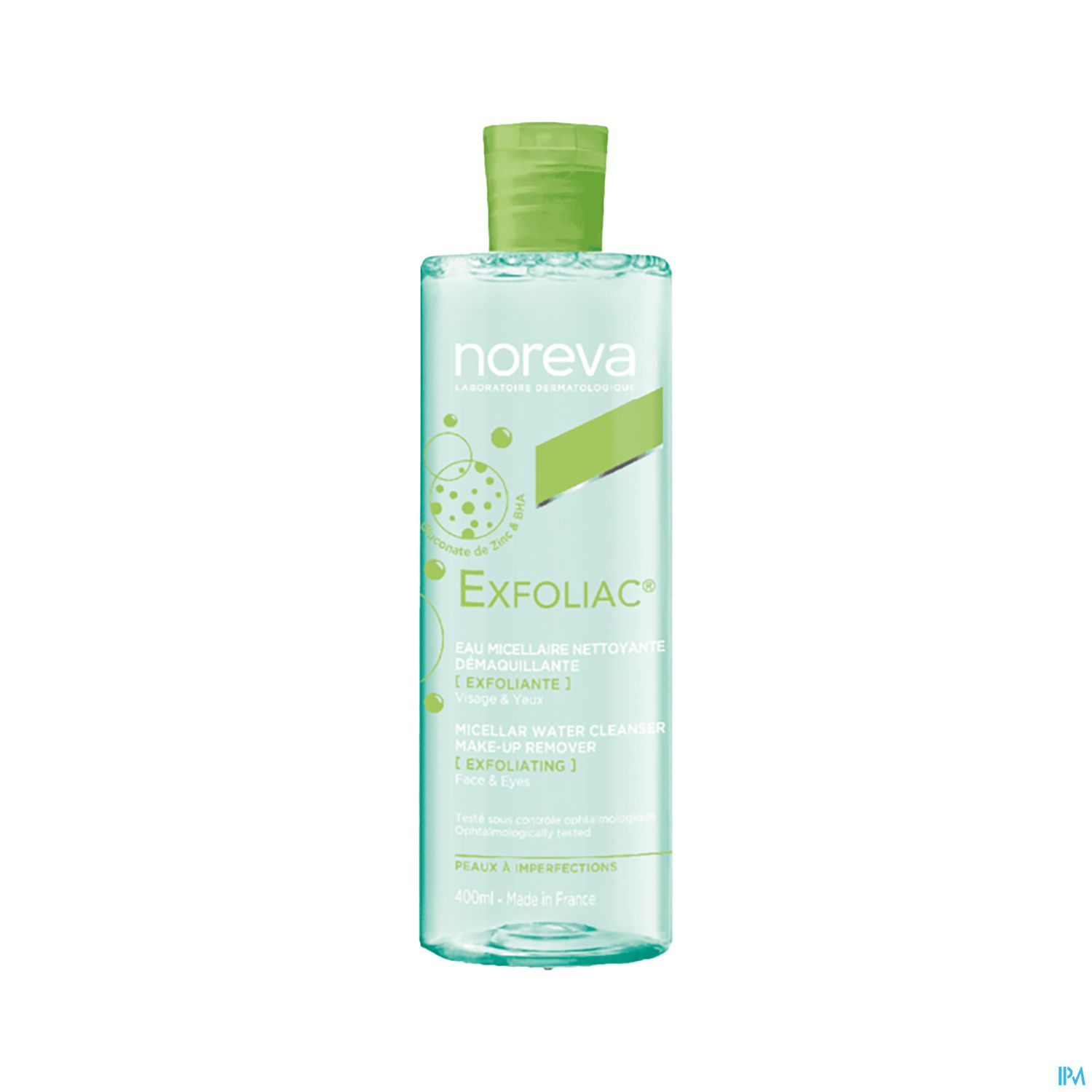 Flasche mit Noreva Exfoliac, einem reinigenden Mizellenwasser, 400 ml, in grüner und transparenter Verpackung.