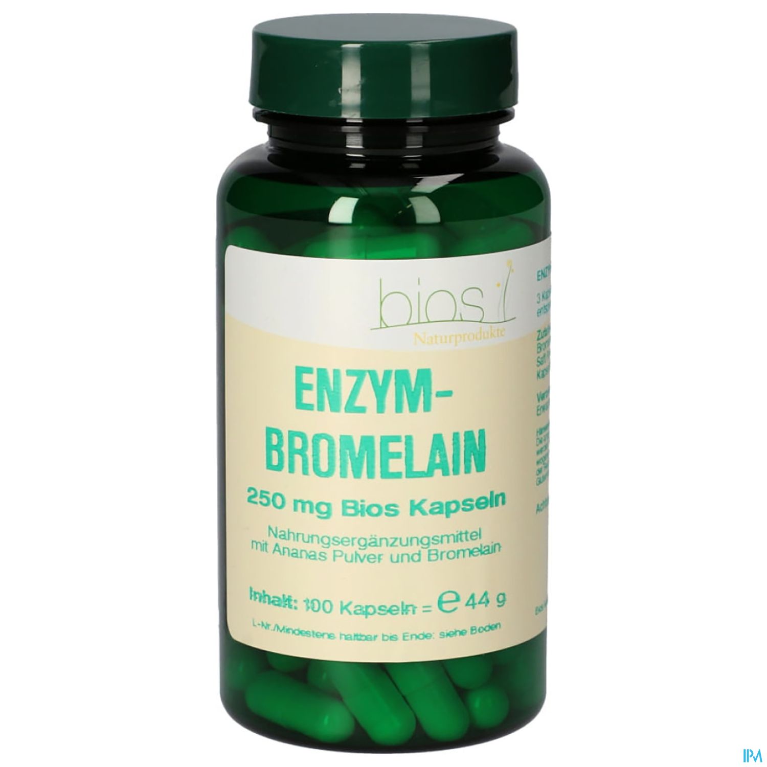Grüne Kapsel-Flasche mit der Aufschrift "Enzym-Bromelain", 250 mg, 100 Kapseln, Nahrungsergänzungsmittel mit Ananas-Pulver und Bromelain.