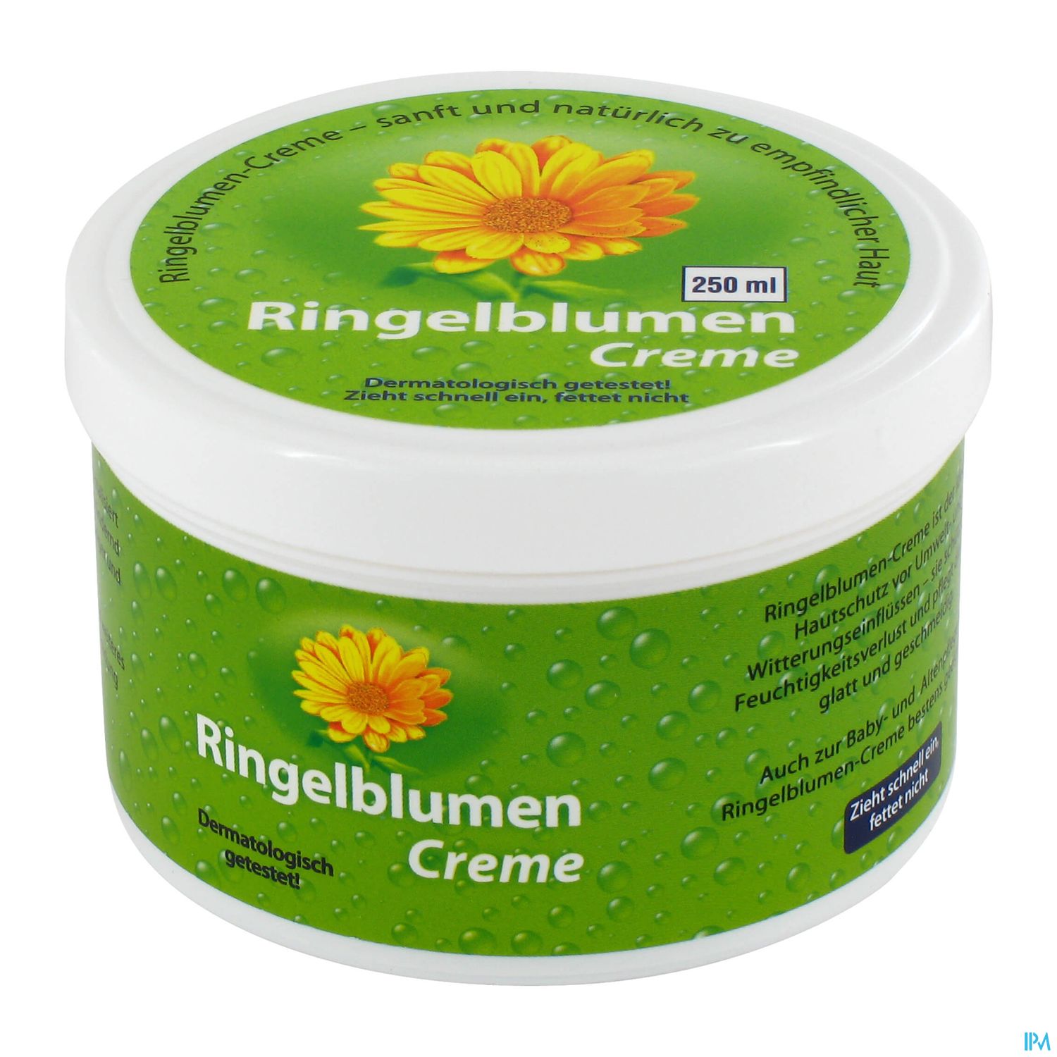 Runddose mit Ringelblumencreme, 250 ml, grüne Verpackung mit gelber Blüte und der Aufschrift „Ringelblumen Creme“.