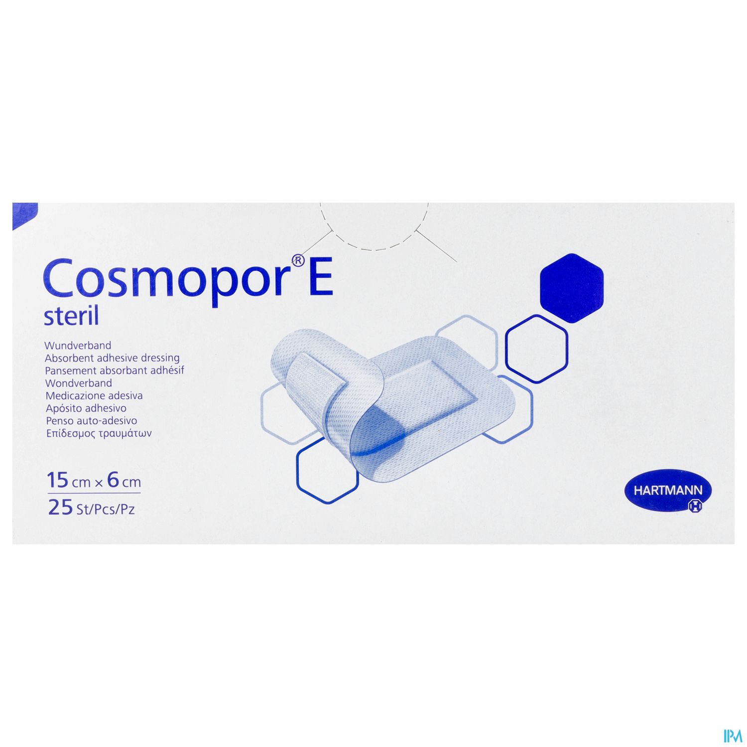 Packung mit 25 sterilen Wundverbänden "Cosmopor E", Größe 15 cm x 6 cm.