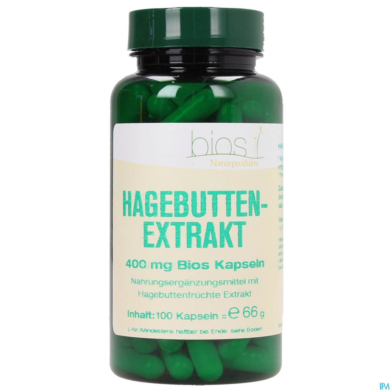 Grünes Fläschchen mit Hagebutten-Extrakt Kapseln und einer Inhaltsangabe von 100 Kapseln à 400 mg.