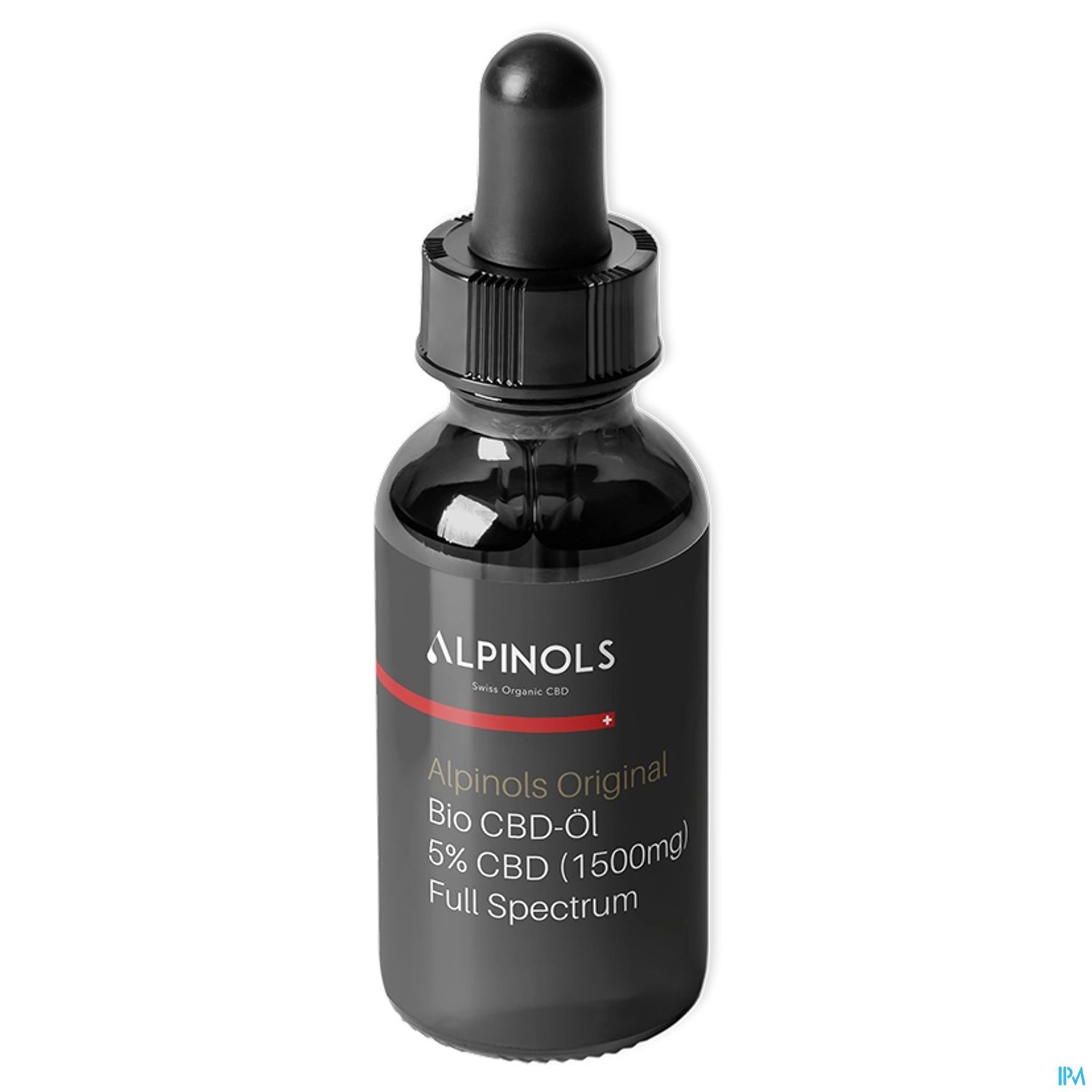 Flasche mit Alpinols Original Bio CBD-Öl, 5% CBD (1500mg), mit Pipette und schwarzem Design.