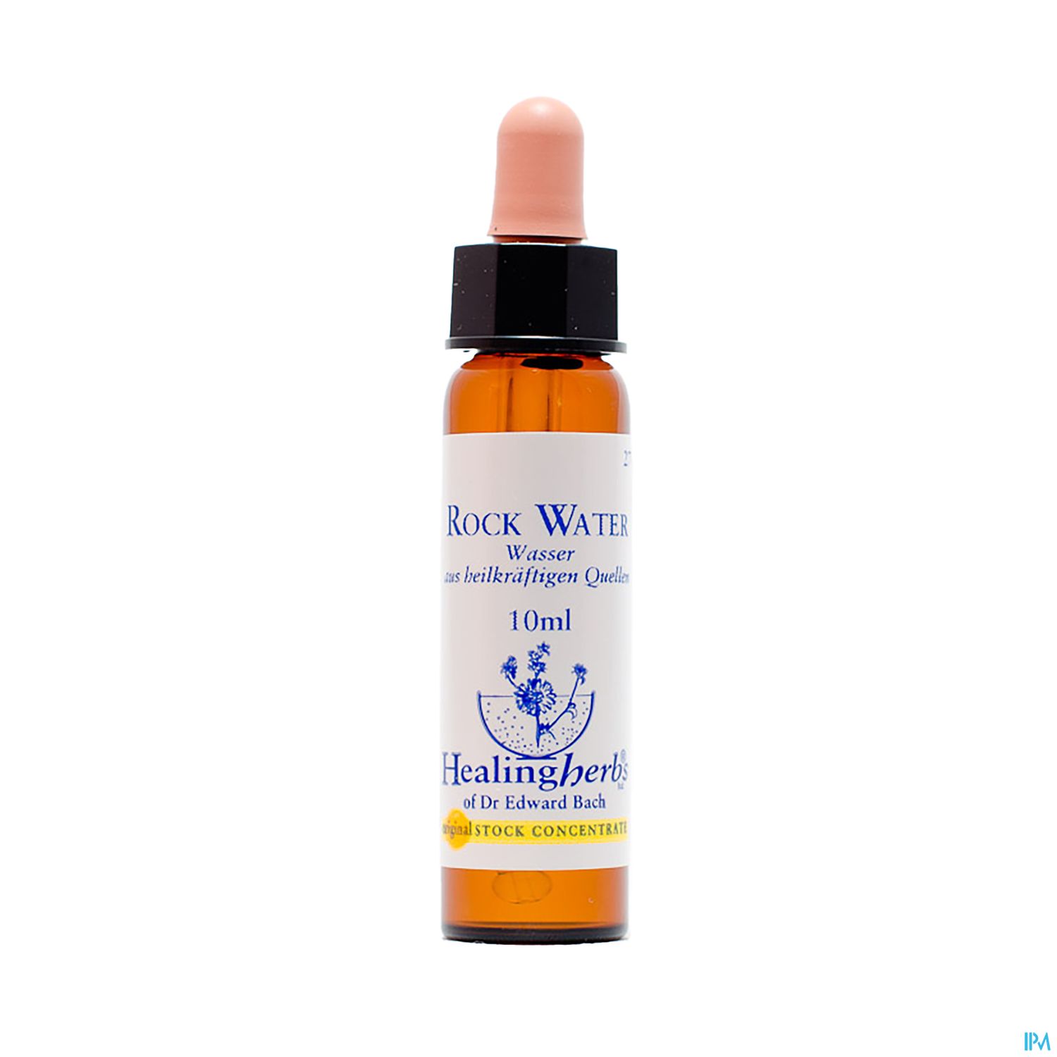 Braunglasflasche mit Pipette, etikettiert mit "Rock Water" und "Healingherbs of Dr Edward Bach", 10 ml.