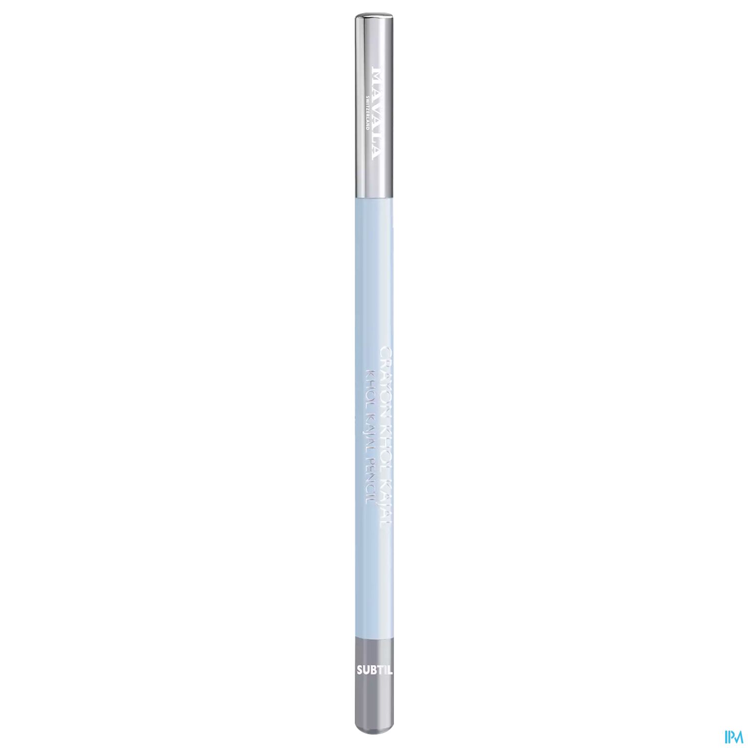 Heller blauer kosmetischer Stift mit silberner Kappe und beschriftetem Körper.