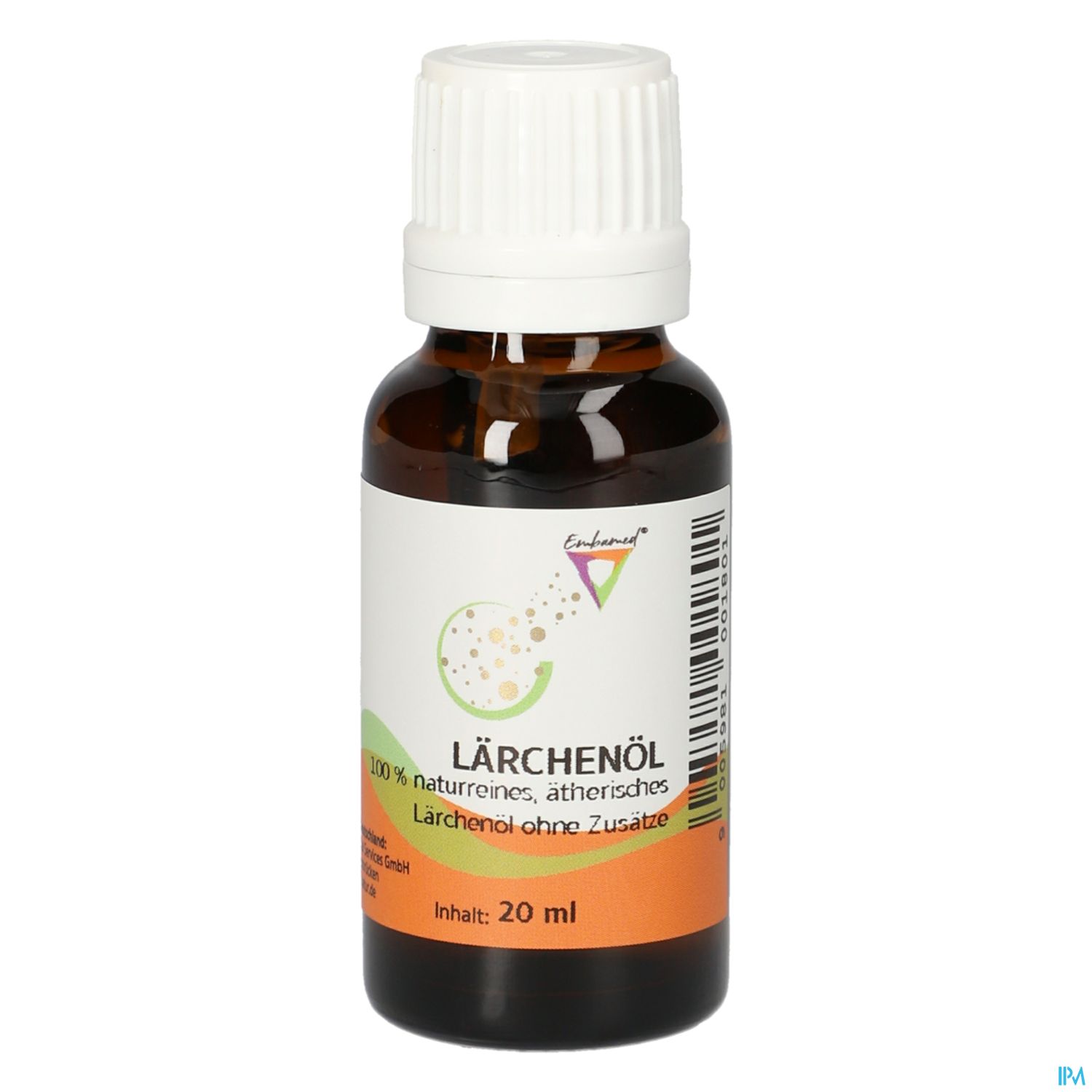 Braune Glasflasche mit schwarzem Deckel, etikettiert mit "Lärchenöl", 100 % rein, 20 ml Inhalt.