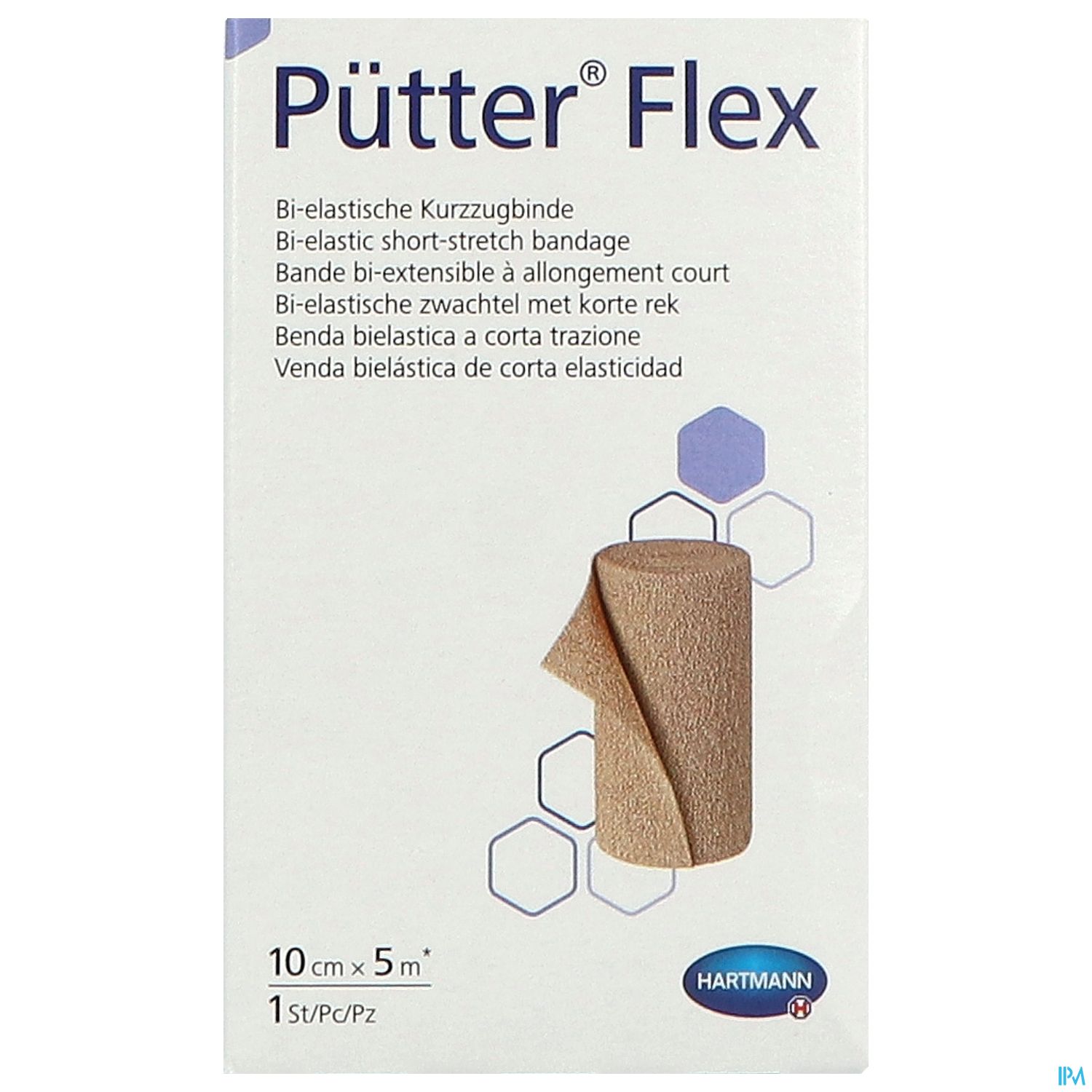 Verpackung des Produkts "Pütter Flex" von Hartmann, bi-elastische Kurzzugbinde, 10 cm x 5 m.