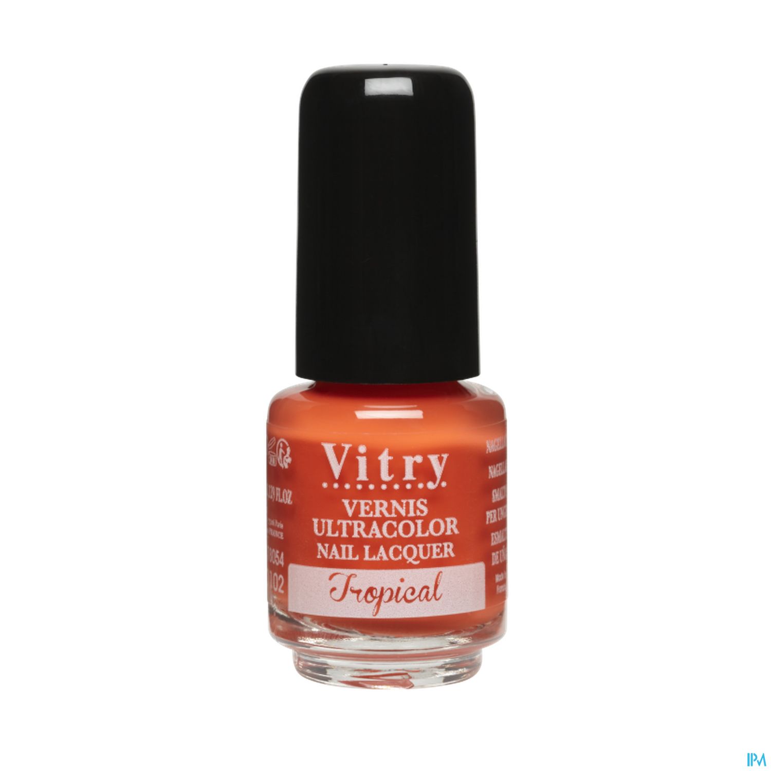 Flasche mit orangenem Nagellack der Marke Vitry, beschriftet mit "Vernis Ultracolor Nail Lacquer" und der Farbe "Tropical".