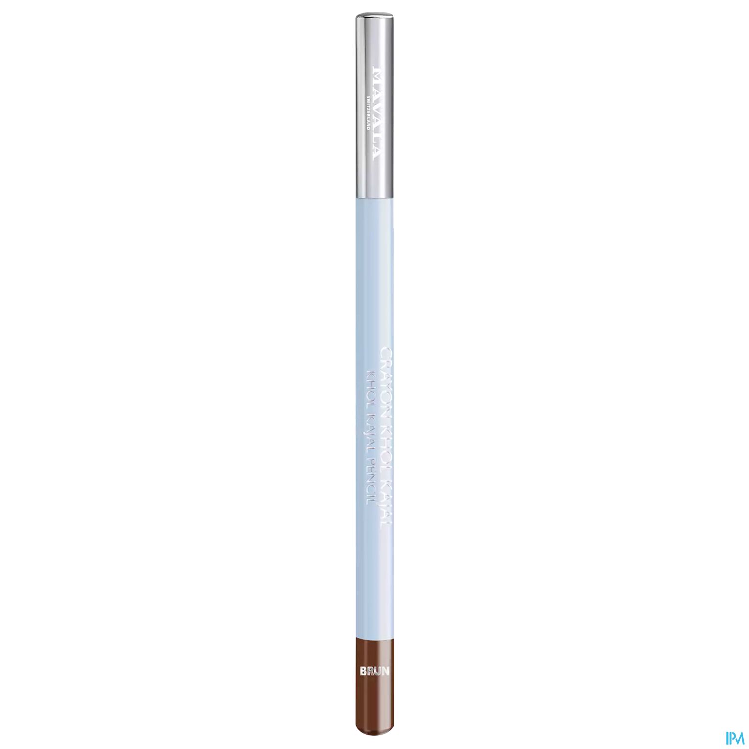 Bleistift in hellblauer Farbe mit brauner Mine und silbernem Deckel.